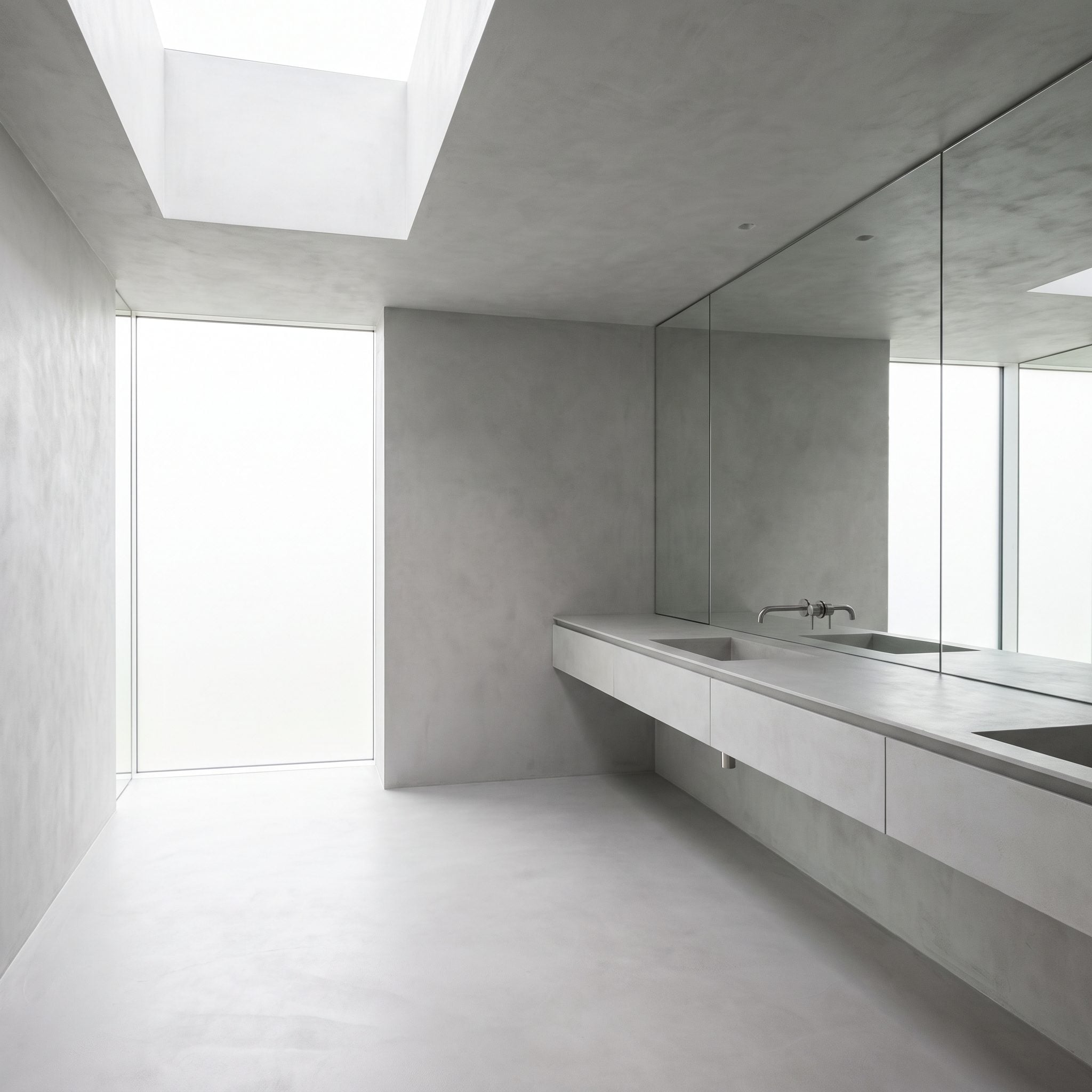 Small taupe bathroom with broad continuous finishes and a full-width frameless mirror