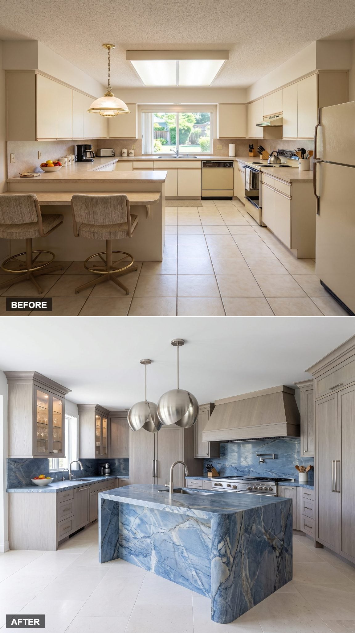 Silvered oak kitchen with a blue quartzite island