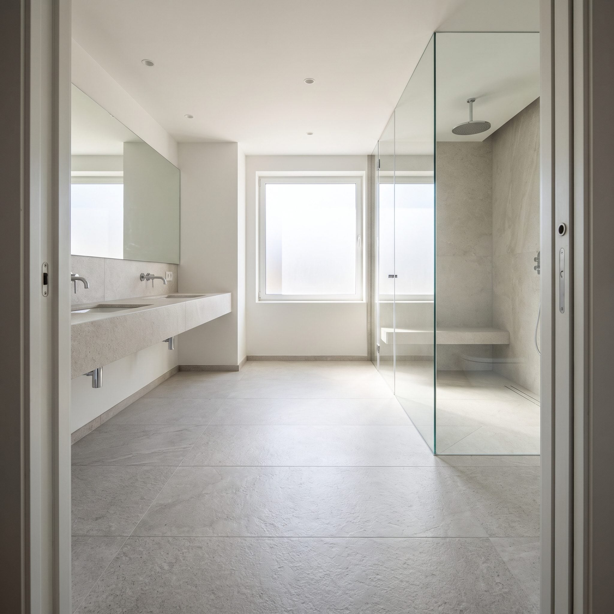 Bathroom with continuous gray stone-look tile extending from the main floor into a curbless glass shower