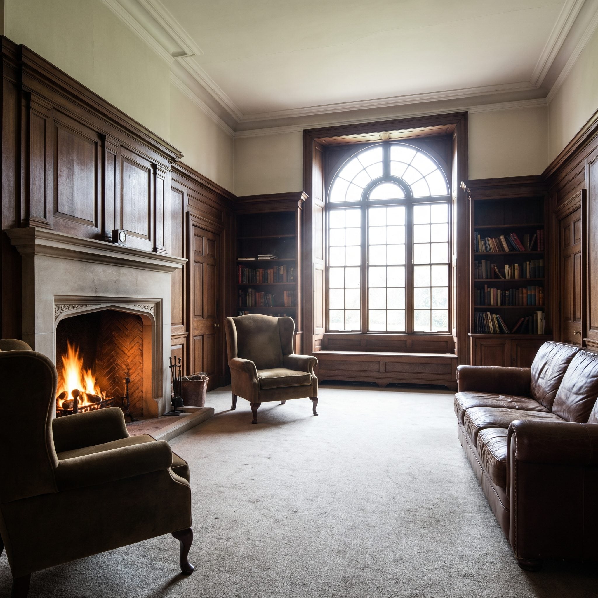 Living room centered on a glowing fireplace with two low table lamps