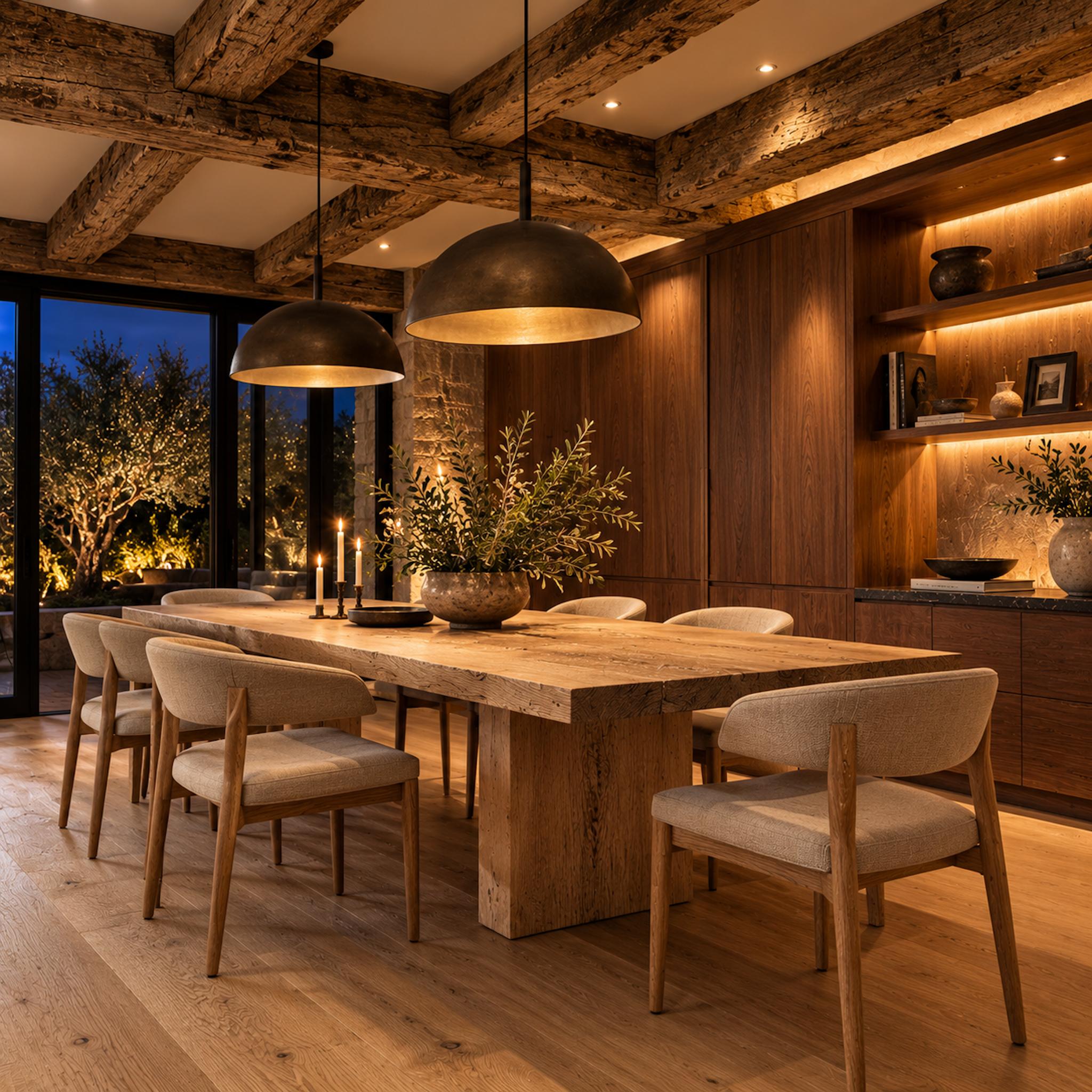 Luxury dining room with weathered reclaimed ceiling beams, smooth walnut cabinetry, pale timber dining table, and architectural lighting
