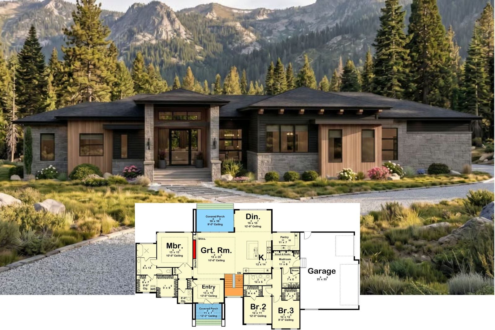 Meet The Sierra Stone 5-Bedroom Contemporary Mountain Ranch House Plan with Golf Simulator (2,600 Sq. Ft. Floor Plan)