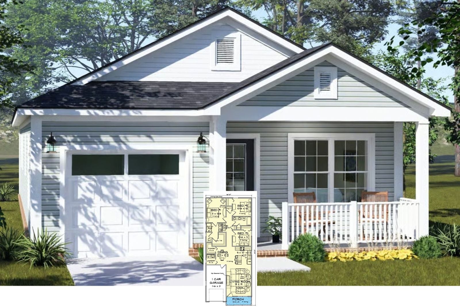 The Hazel 3-Bedroom Country Cottage House Plan with Front Porch (1,248 Sq. Ft. Floor Plan)