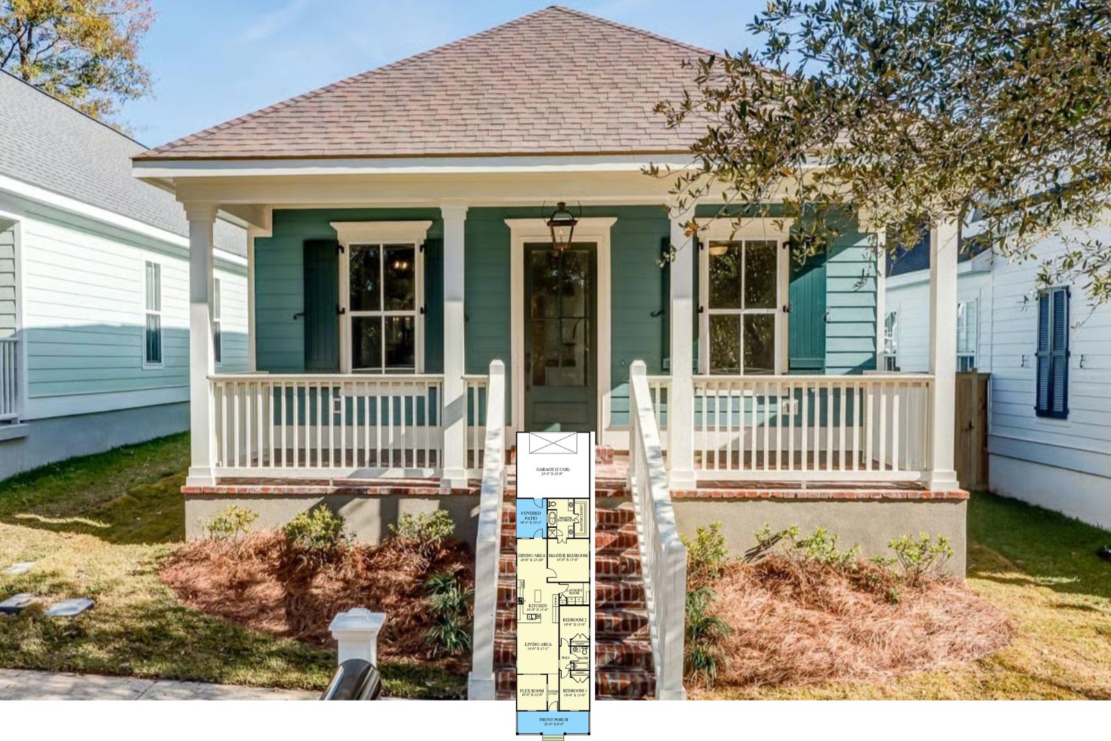 Creole Porch 3-Bedroom Country Cottage House Plan with Rear Garage (1,661 Sq. Ft. Floor Plan)