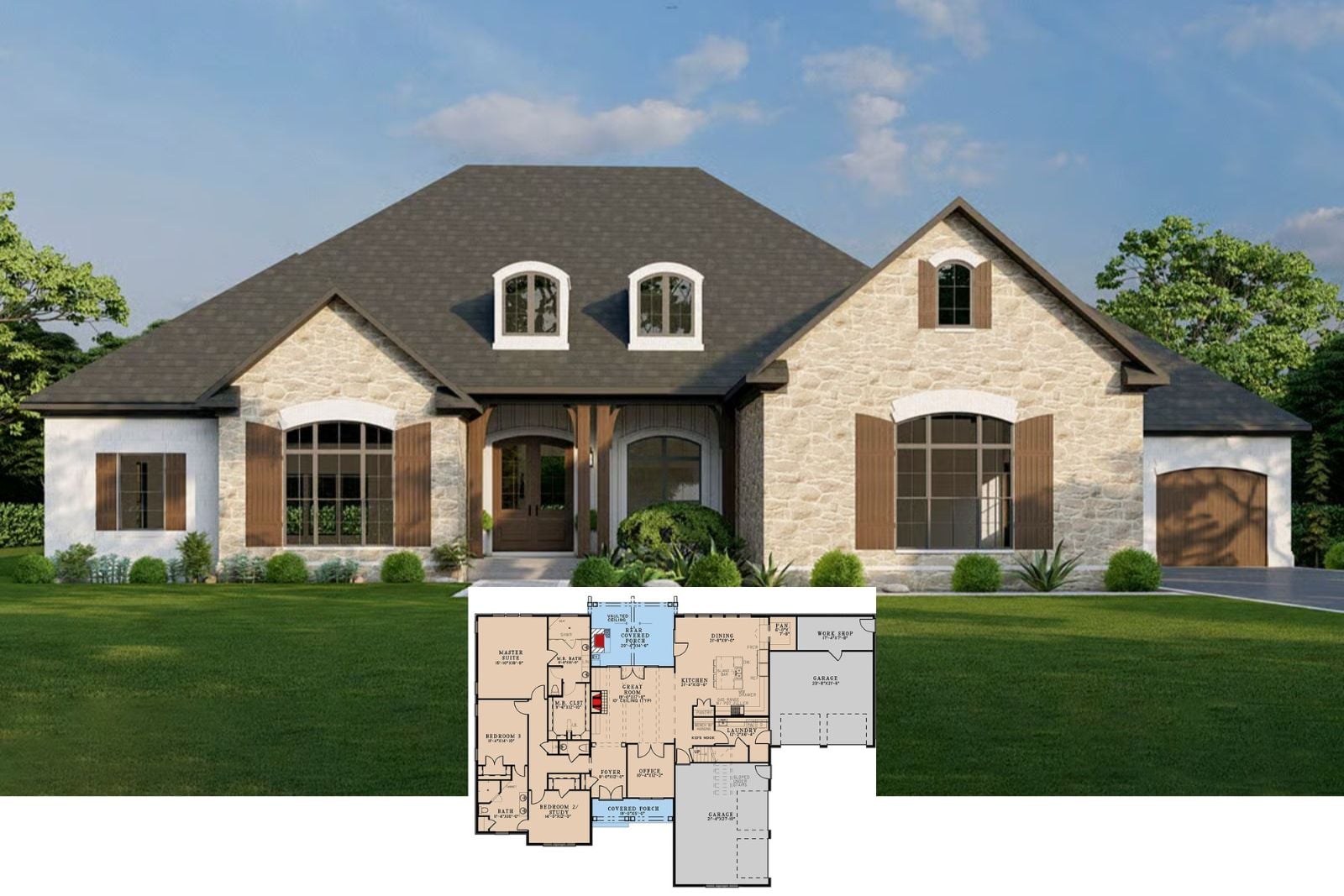 Fieldstone Provence 3-Bedroom French Country House Plan with Home Office (2,739 Sq. Ft. Floor Plan)