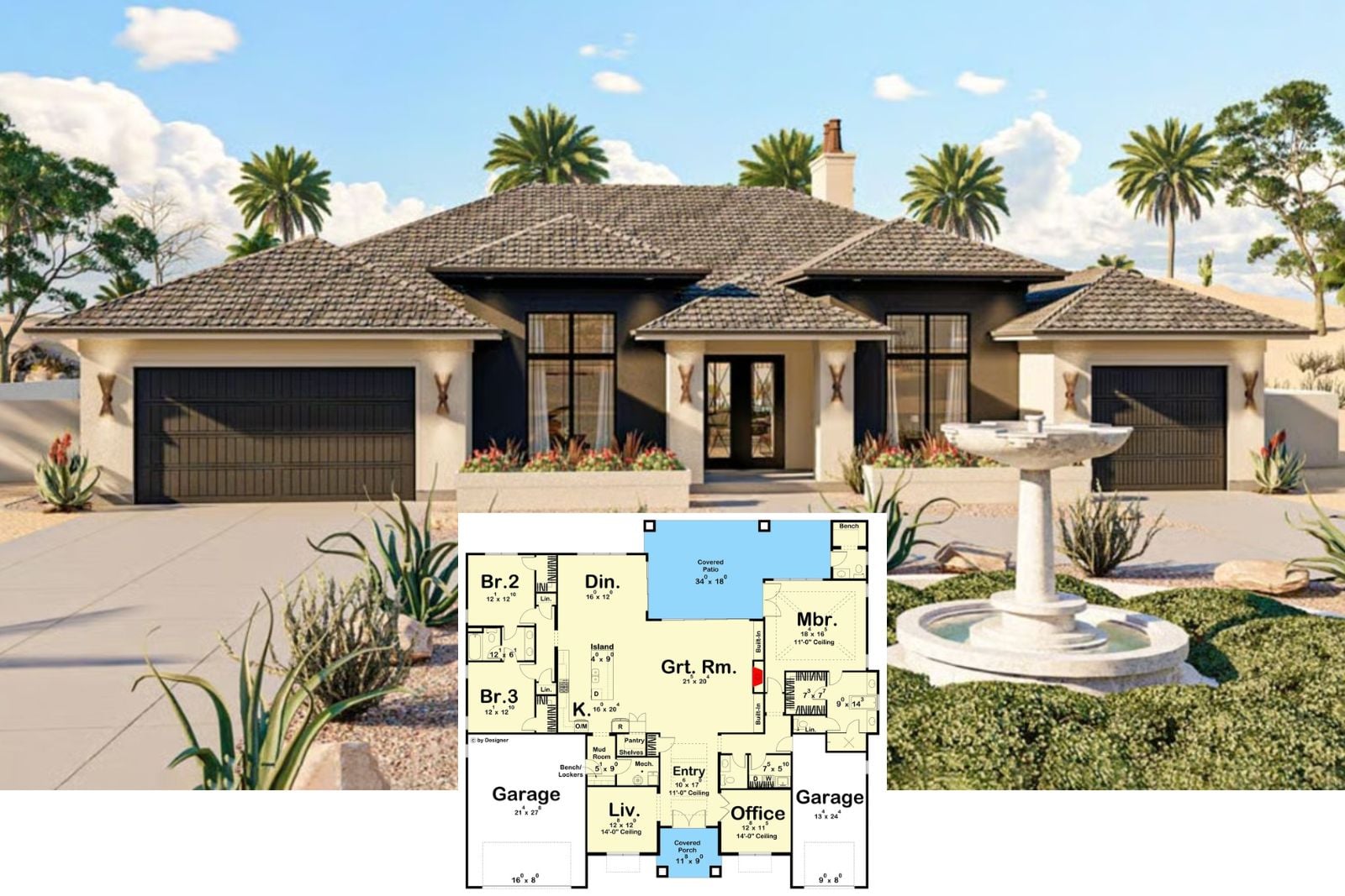 The Palomar 3-Bedroom Mediterranean House Plan with Covered Patio (2,893 Sq. Ft. Floor Plan)