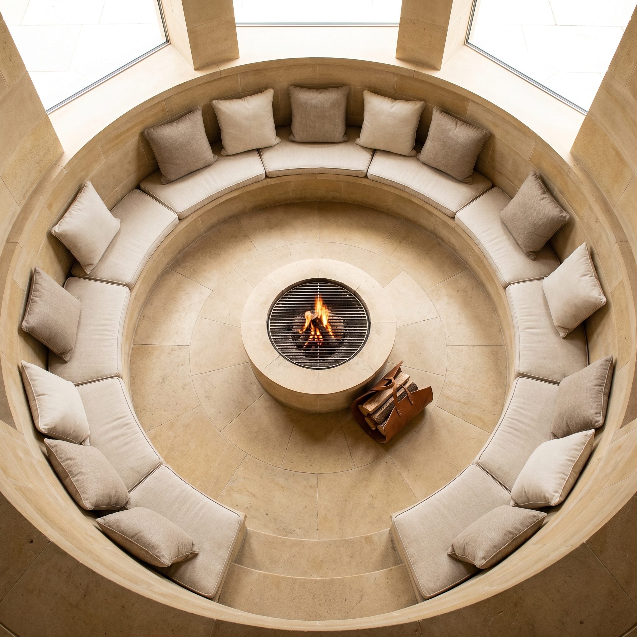 Circular fire room with radially cut stone paving, a curved stone seat wall and a round fire table at the center