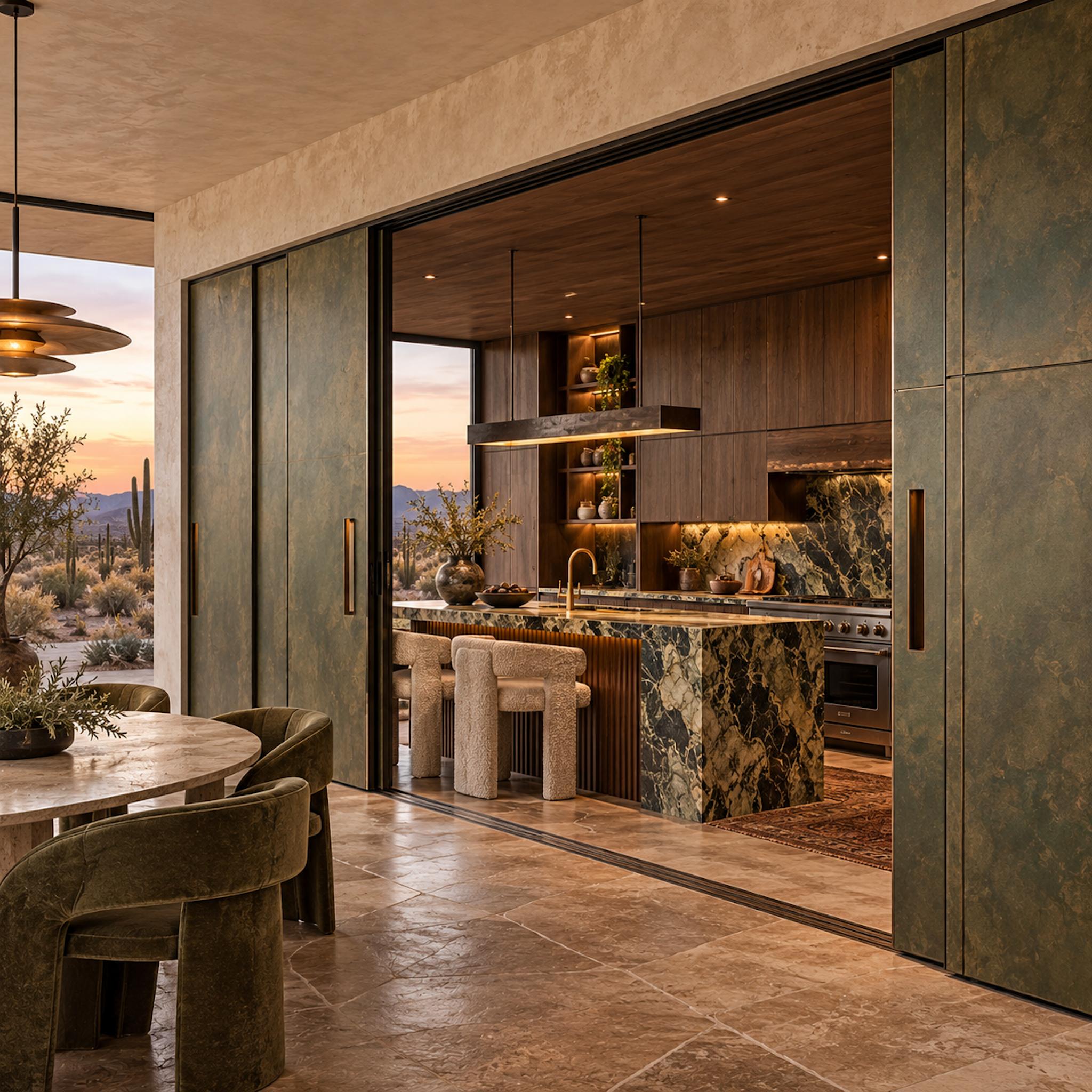 Large green-gray concealed pocket doors retract into the walls of a luxurious stone-clad contemporary kitchen