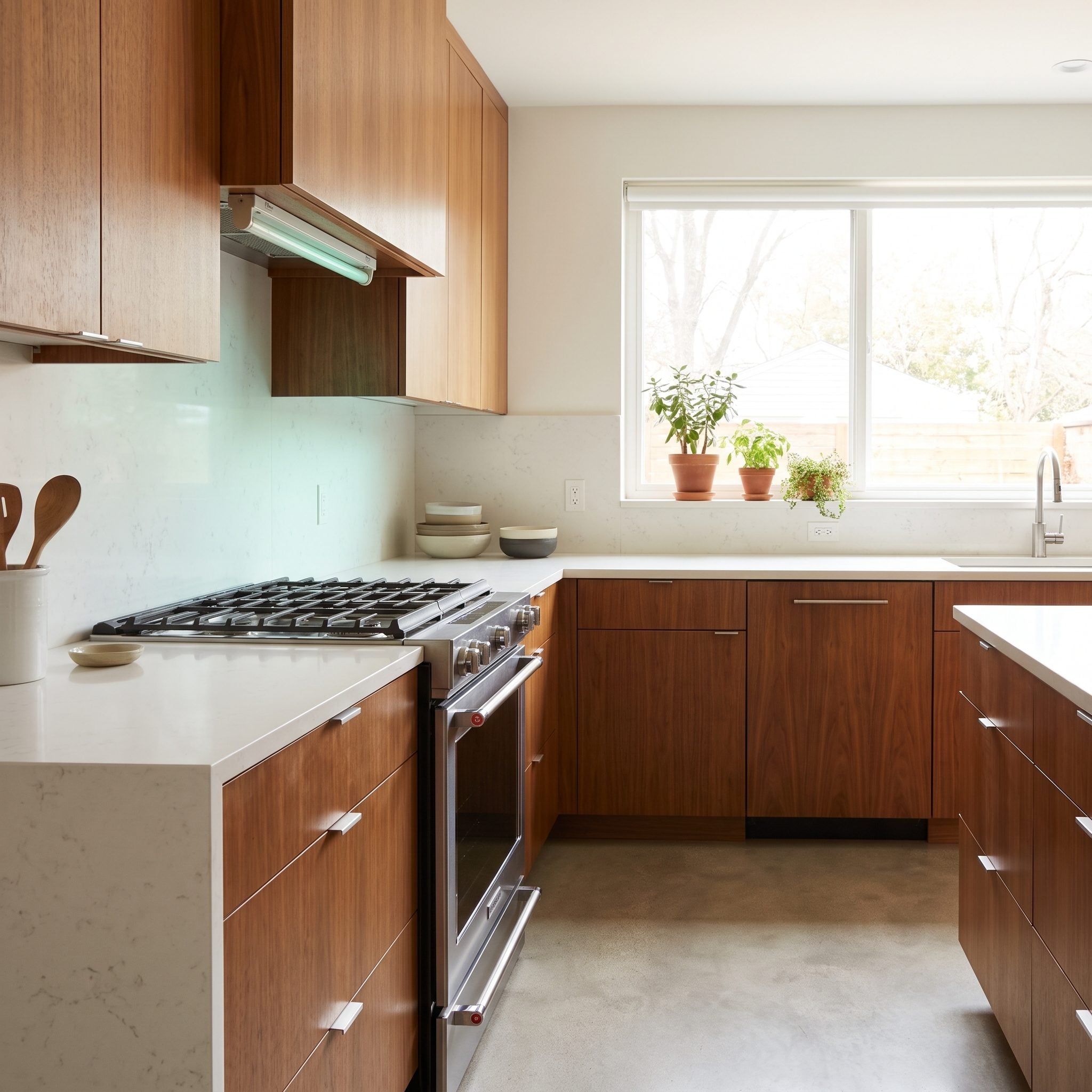 Gray galley kitchen renovated with diffused ceiling lighting, pale-blue backsplash tile, and soft-white ceiling paint