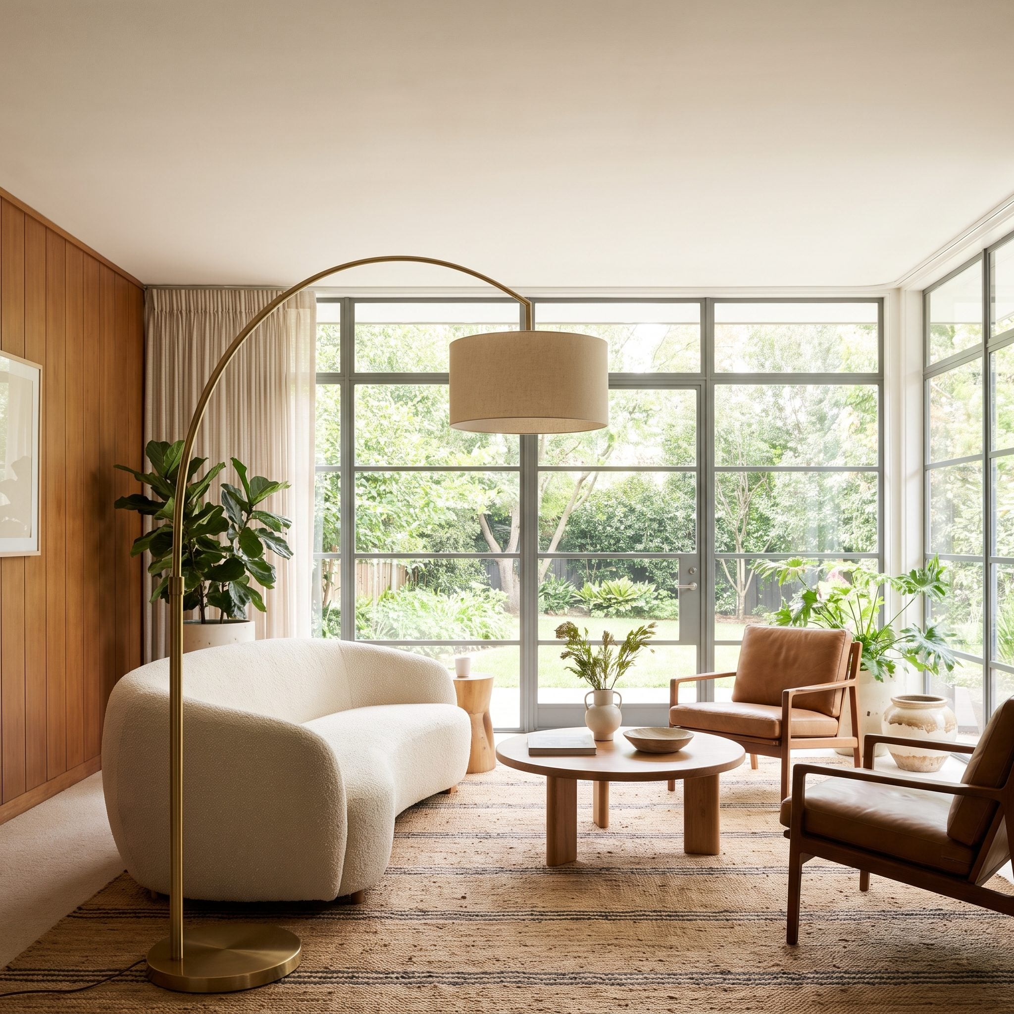 Modern living room with brass floor lamps illuminating the sofa and chair from the side