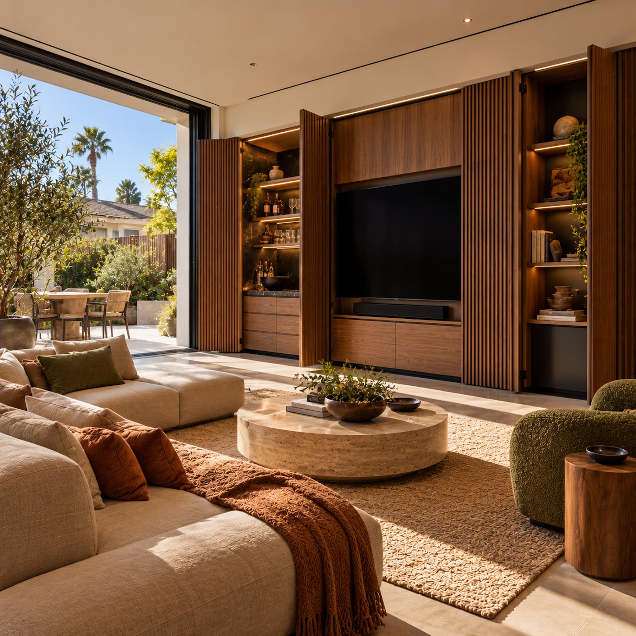 Contemporary living room with walnut media wall, oversized television, slatted panels opening to reveal an illuminated bar, cream sectional, and garden views
