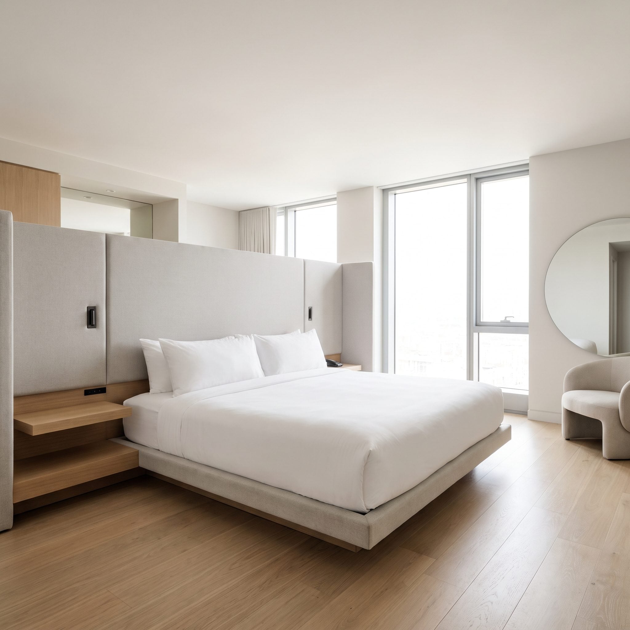 Freestanding upholstered bed positioned in front of a boxed service chase with integrated oak bedside ledges