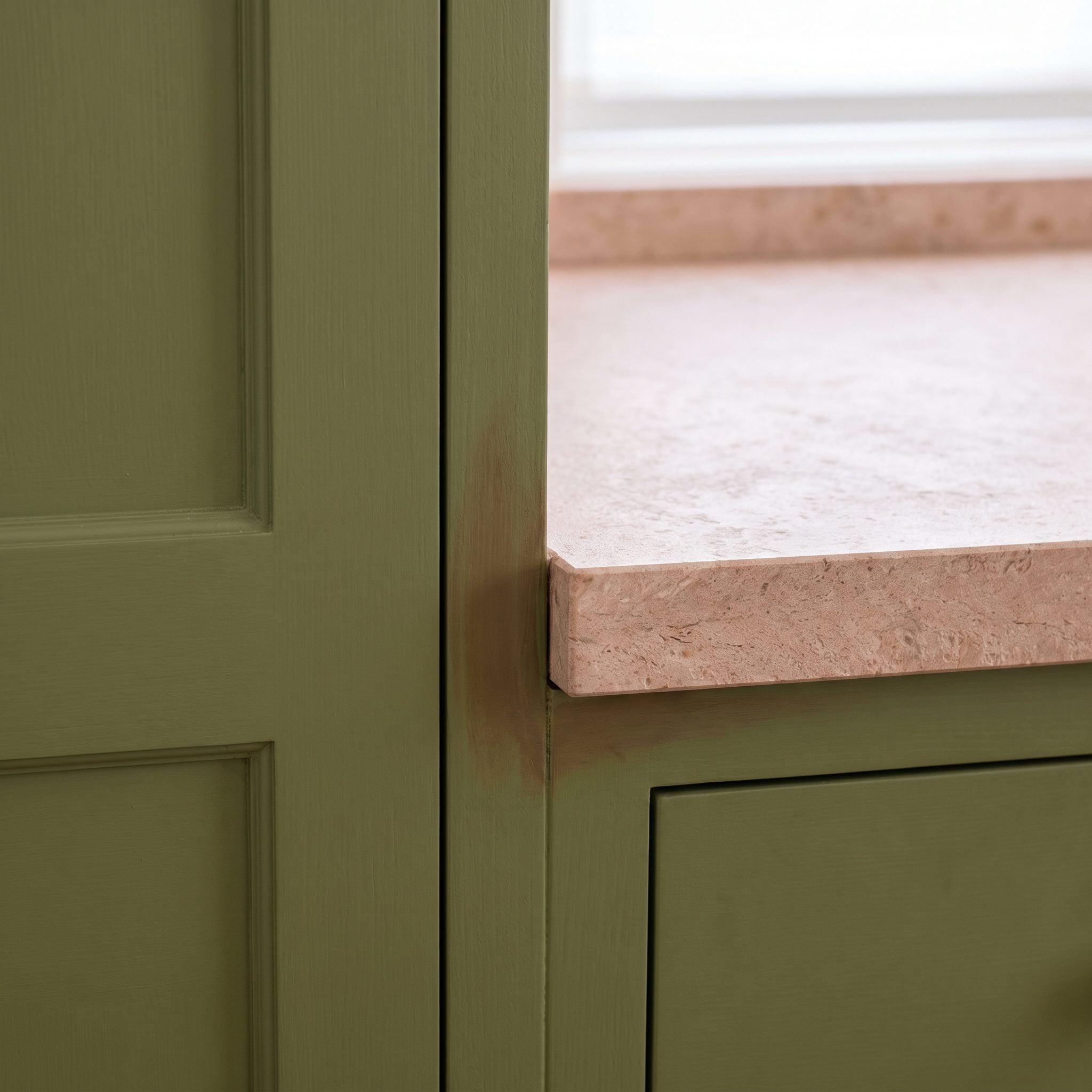 Olive-green kitchen transformed with honed charcoal soapstone counters and satin-pewter hardware