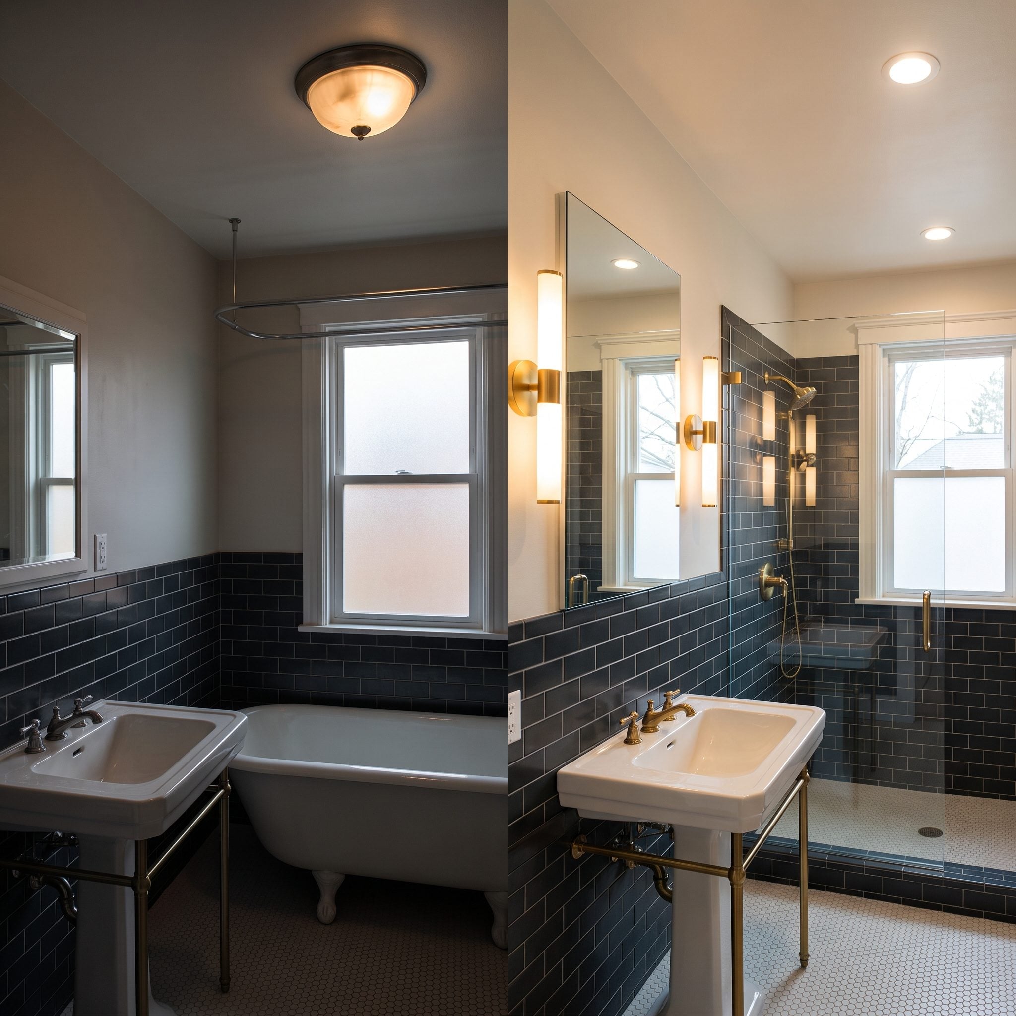 Small white bathroom evenly illuminated by mirror sconces and recessed ceiling lights
