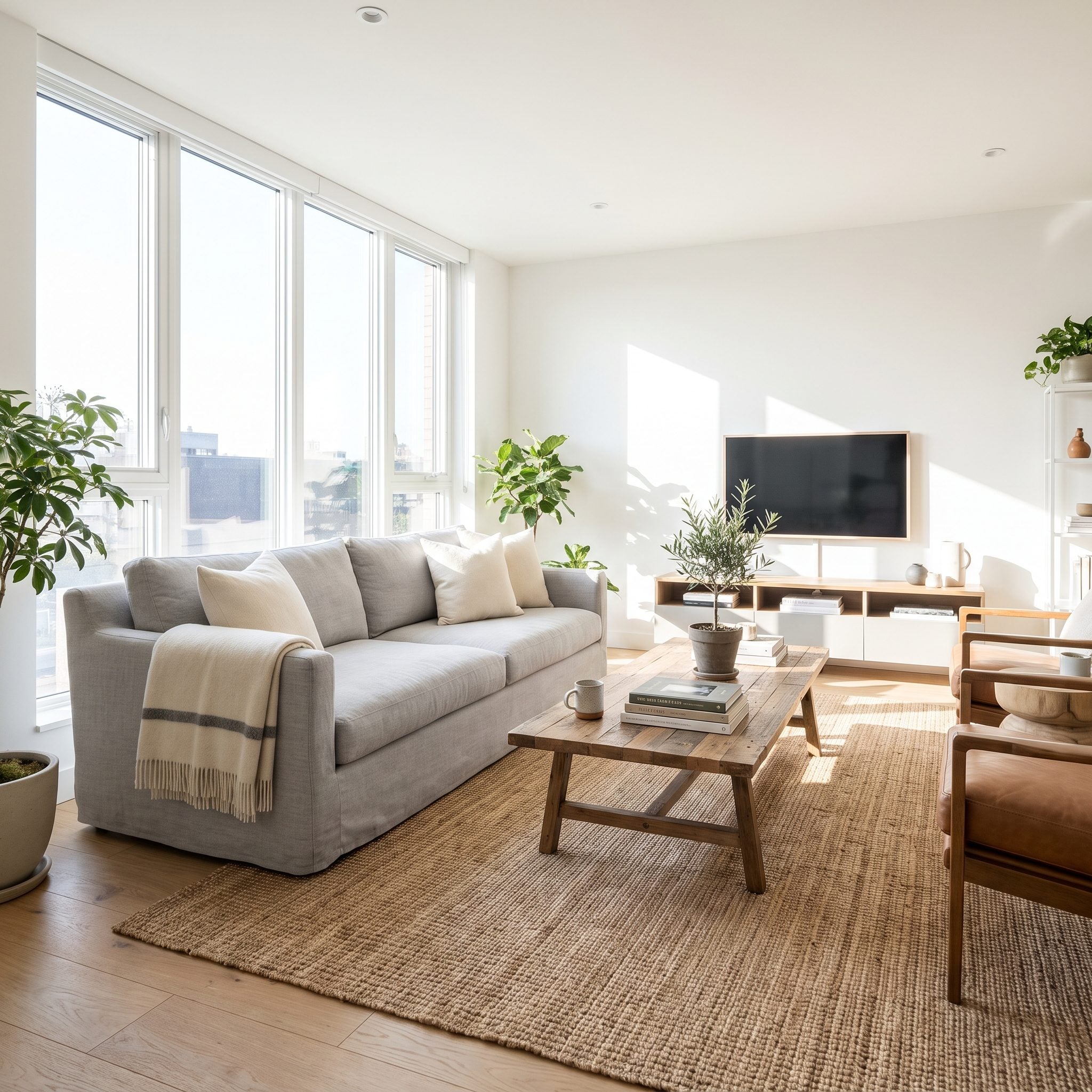 Living room using tall windows and daylight as the primary daytime light source