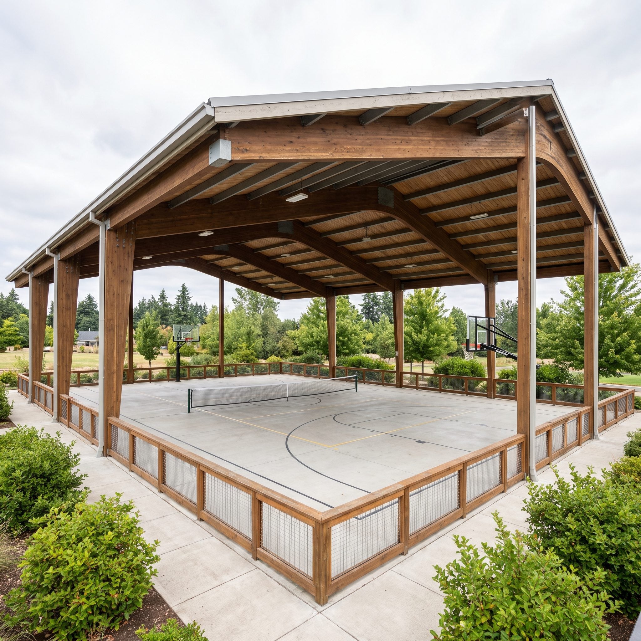 Outdoor games court with a game table inside a broad playing zone, low walls and a recessed bay of teak lounge chairs
