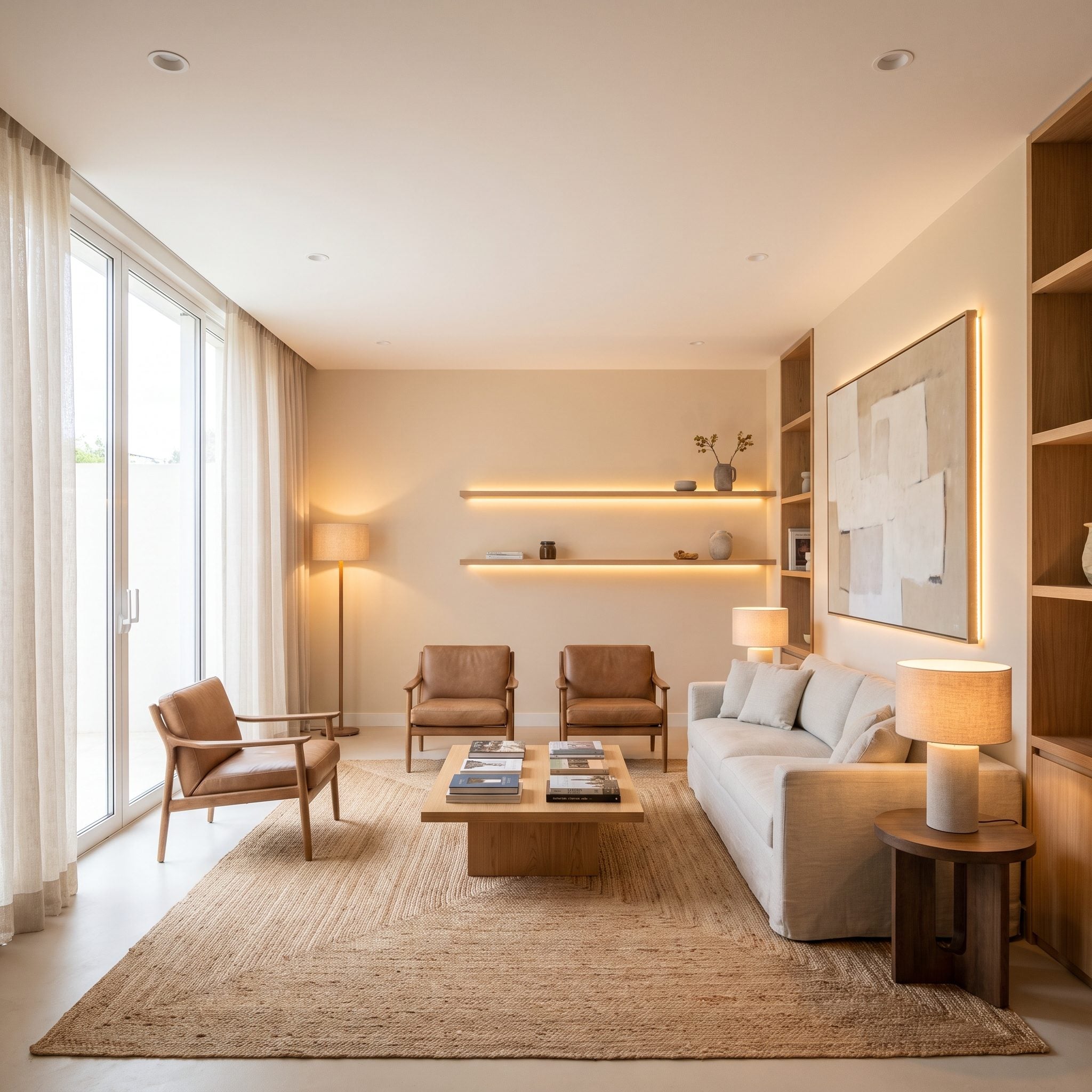 Living room using recessed lights as low supporting illumination alongside lamps and picture lighting