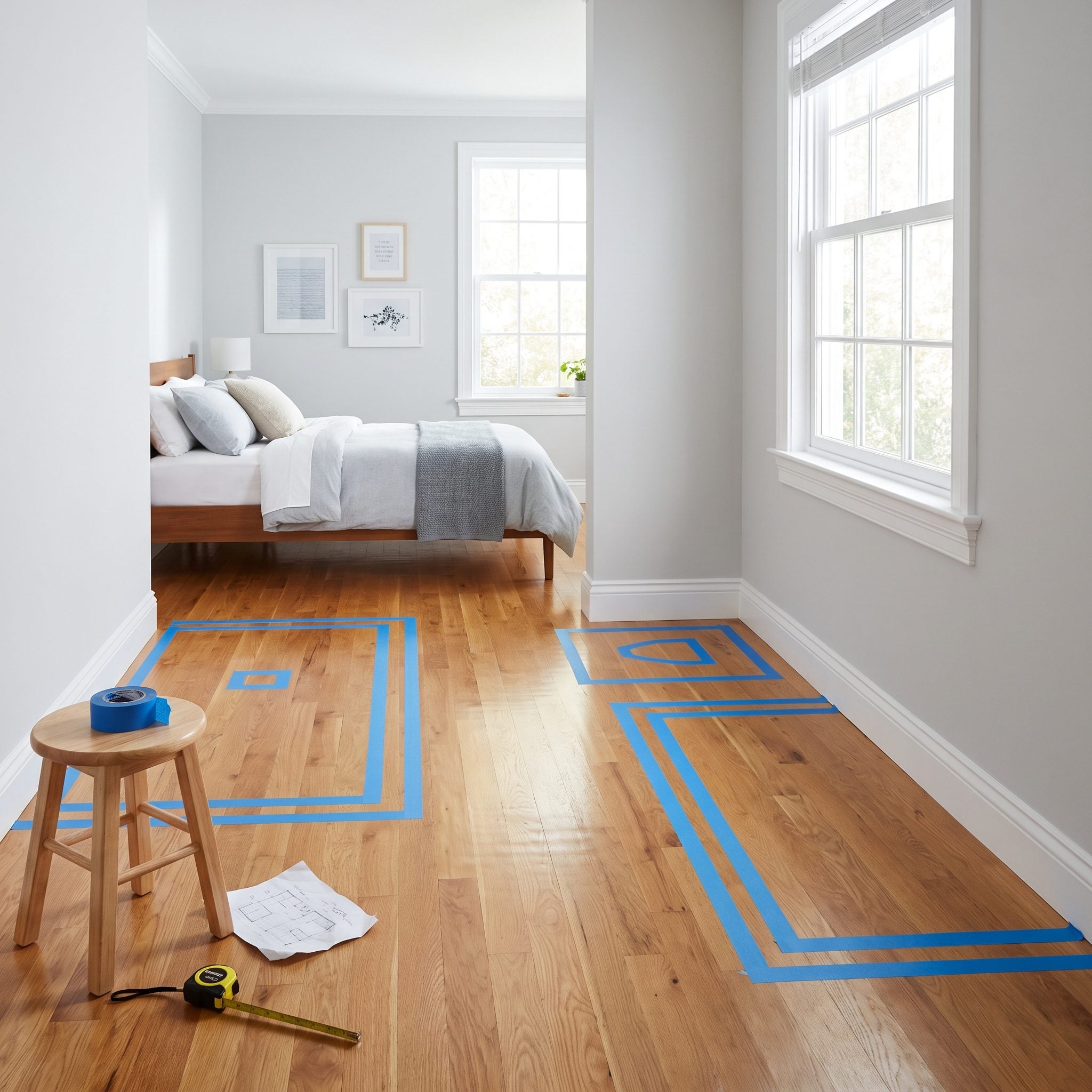 Bathroom with blue painter's tape marking proposed fixture locations before demolition