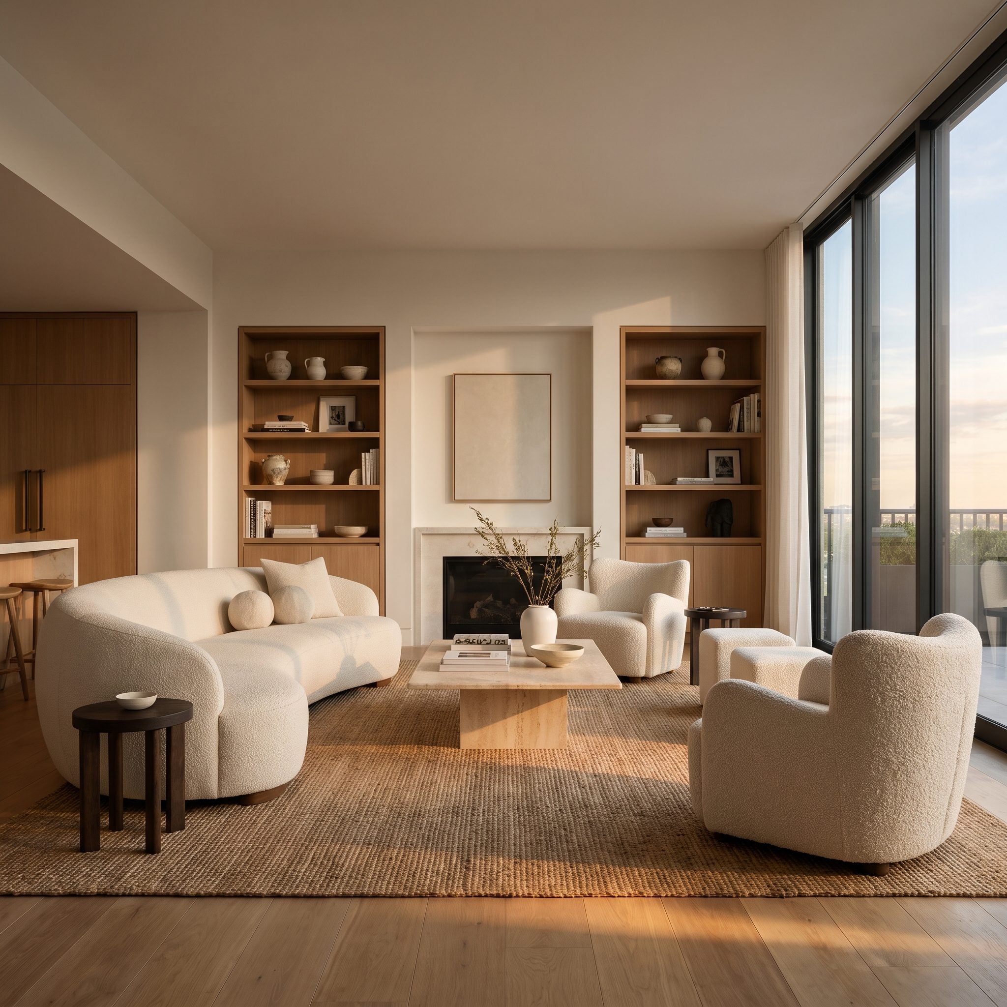 Living room designed around low warm evening lighting from lamps and sconces