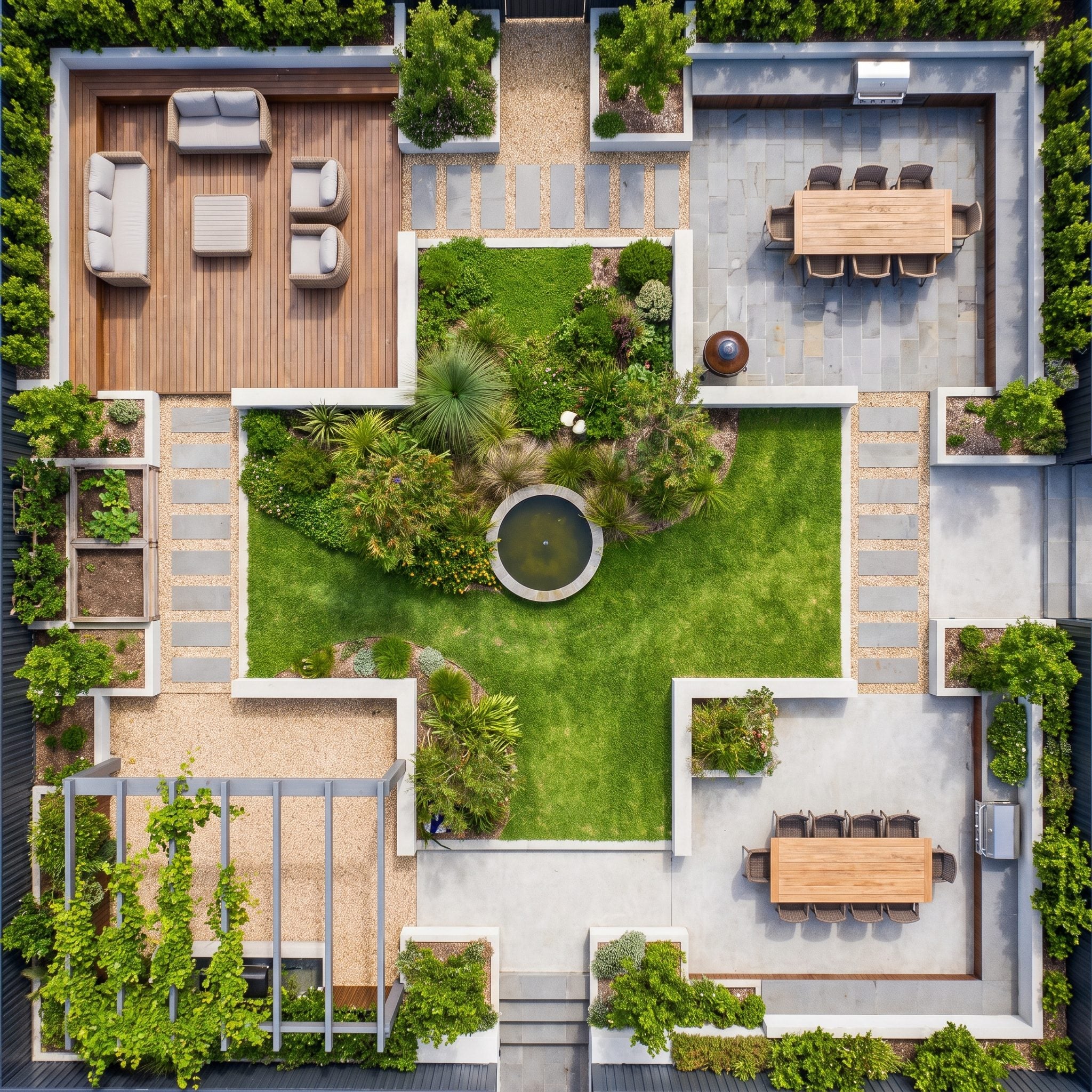 Four outdoor rooms with terracotta, concrete, slate and gravel floors arranged around a central planted garden court