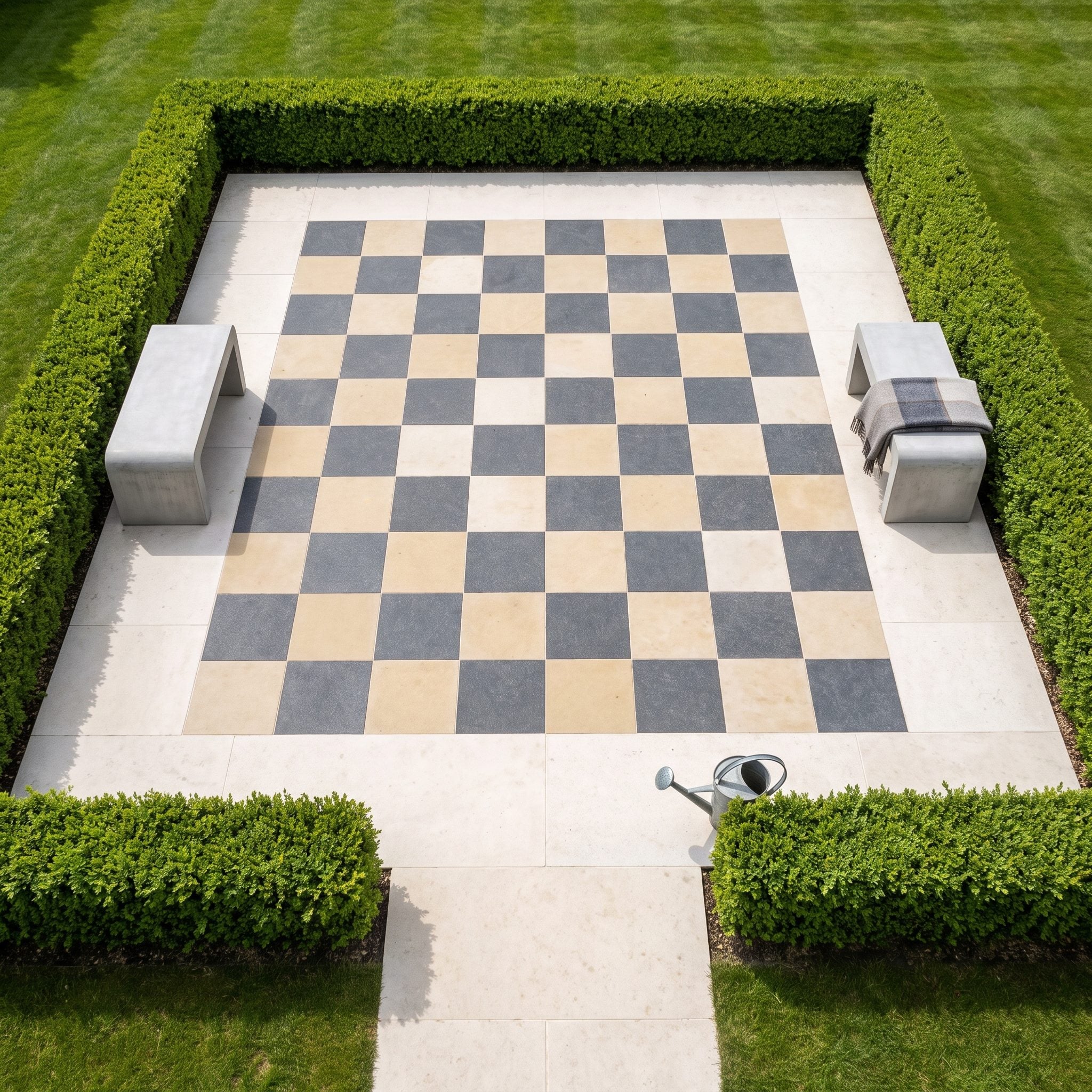 Garden room centered on an oversized charcoal-and-ivory stone chessboard inside a limestone border, with sculptural concrete benches and boxwood edging
