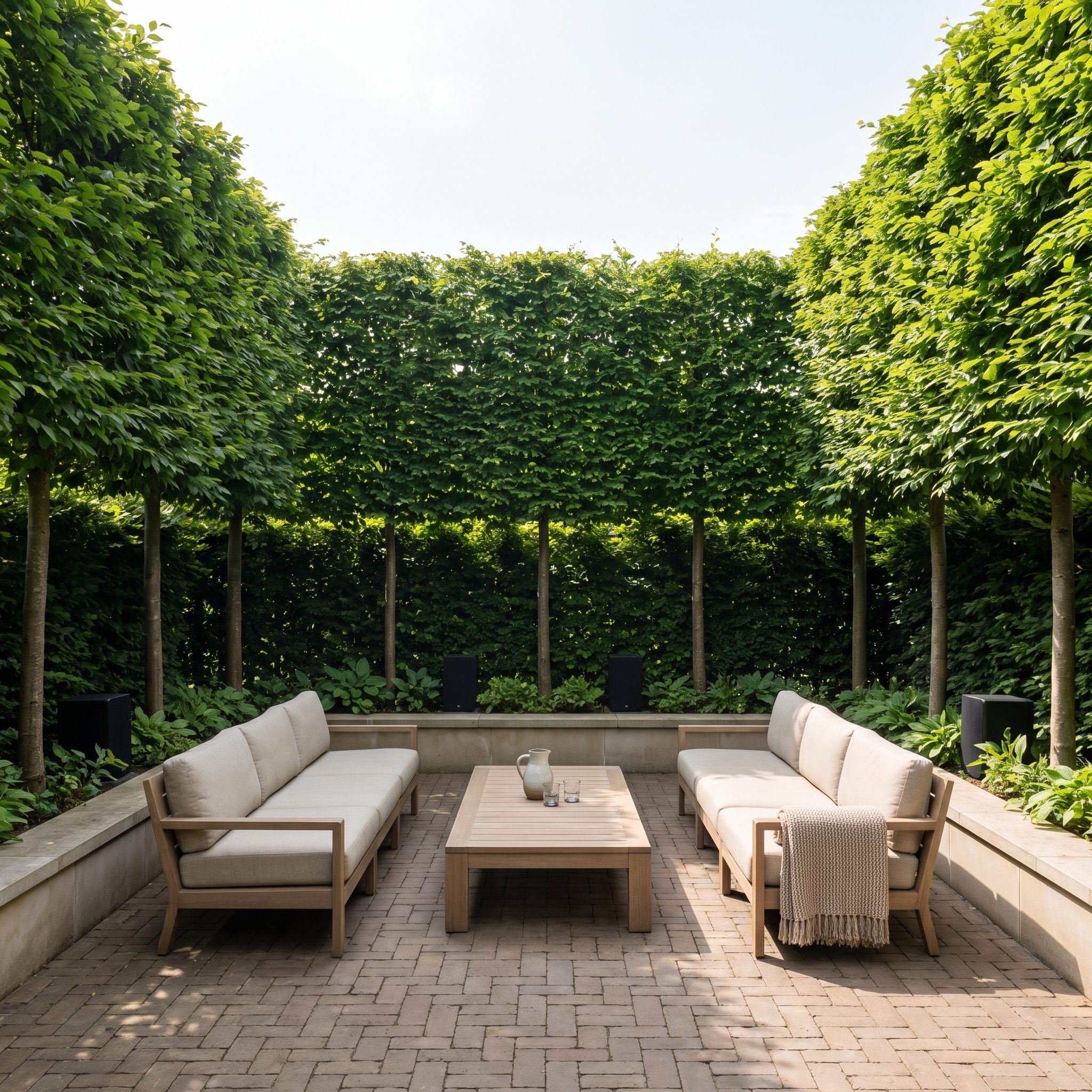 Outdoor lounge enclosed on three sides by trained pleached trees, with two oatmeal sofas, a coffee table and low stone edging