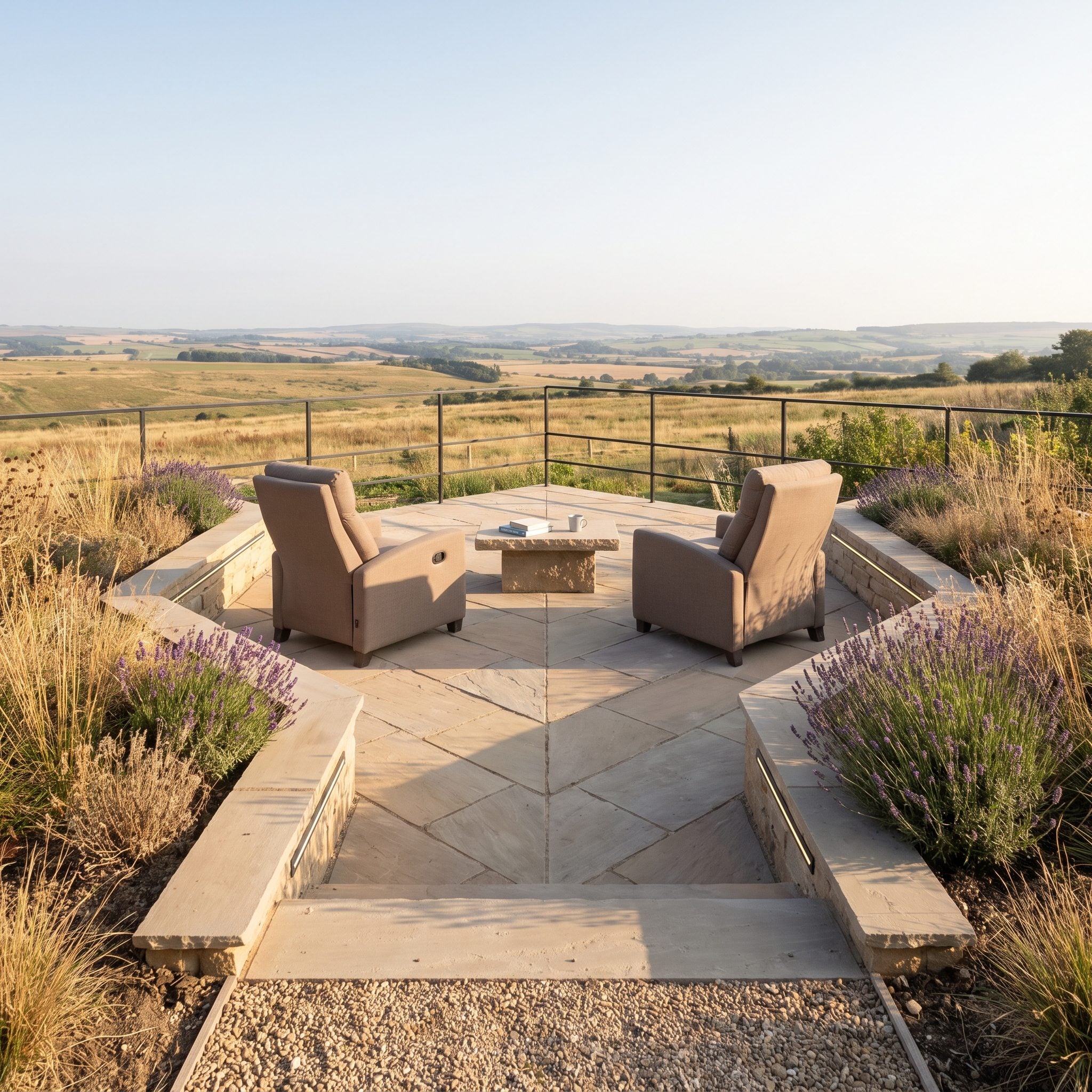 Trapezoidal stone viewing terrace with two taupe reclining chairs facing an open landscape, bordered by low planted walls and a slim railing
