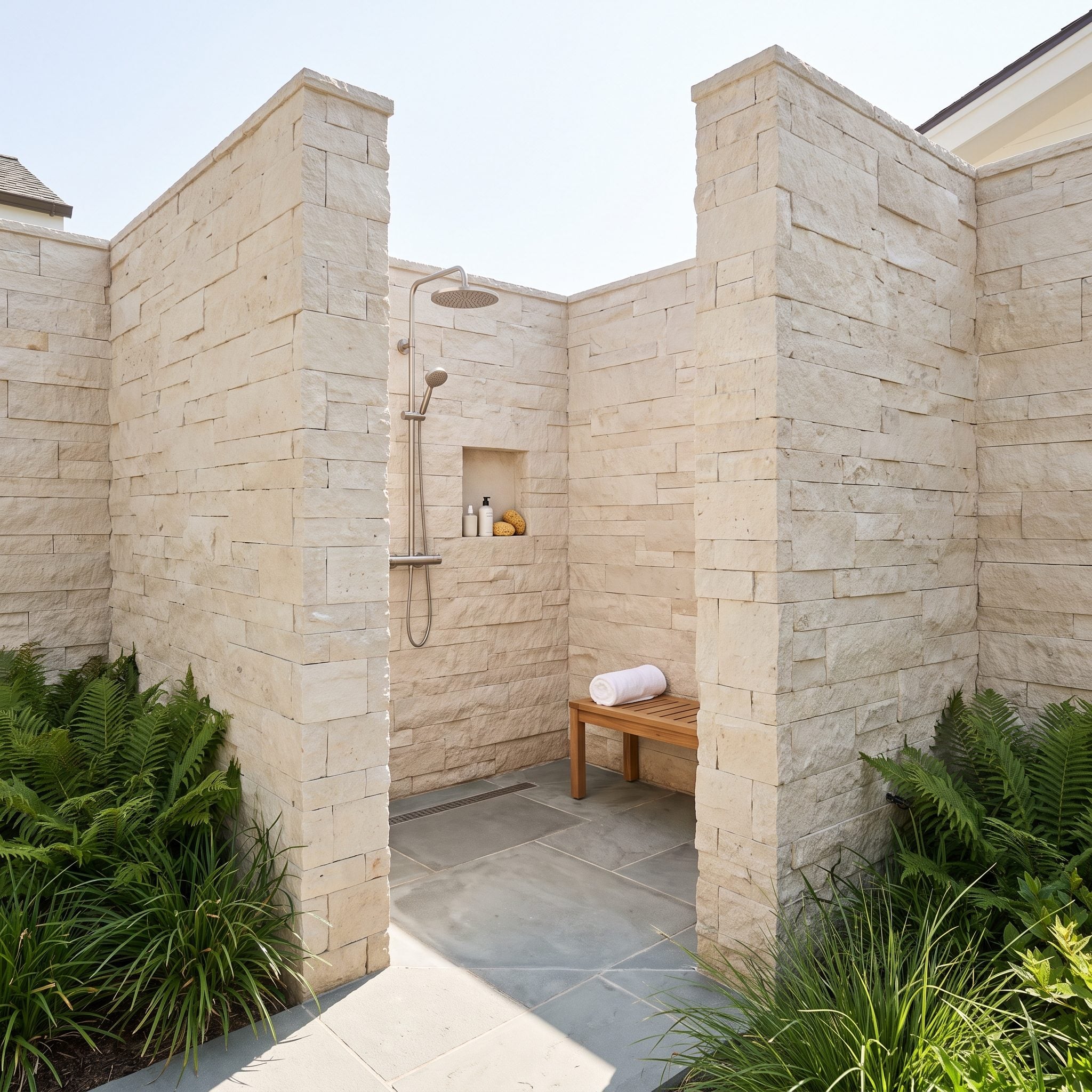 Outdoor shower room made of two overlapping honed limestone walls with a brushed-metal rainfall head, recessed niche and teak bench
