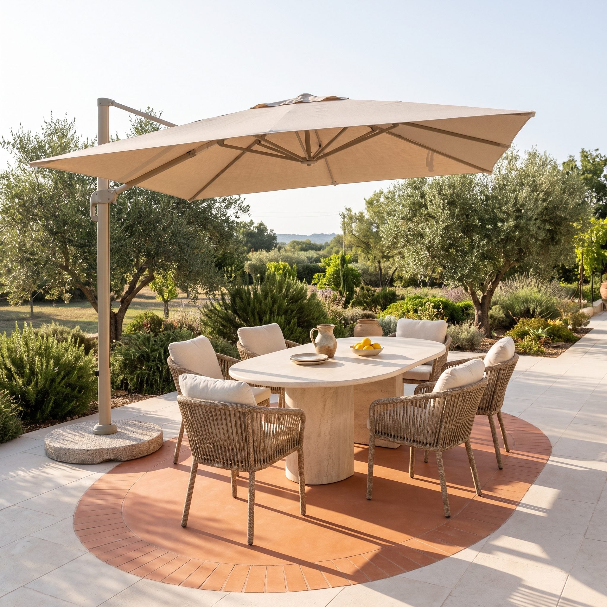Open-air dining room marked by a terracotta oval inset in pale limestone, with an oval stone table and six cream-cushioned woven chairs
