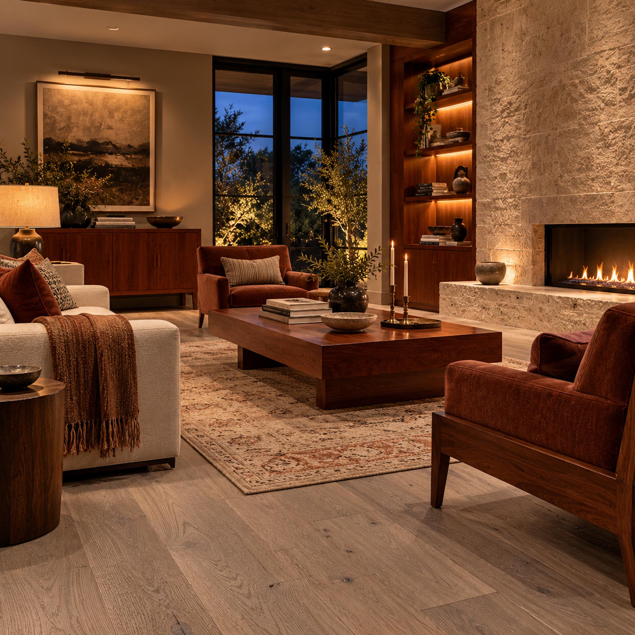 Elegant living room with reddish cherry furniture, cool gray-washed oak flooring, limestone fireplace, and warm upholstered seating
