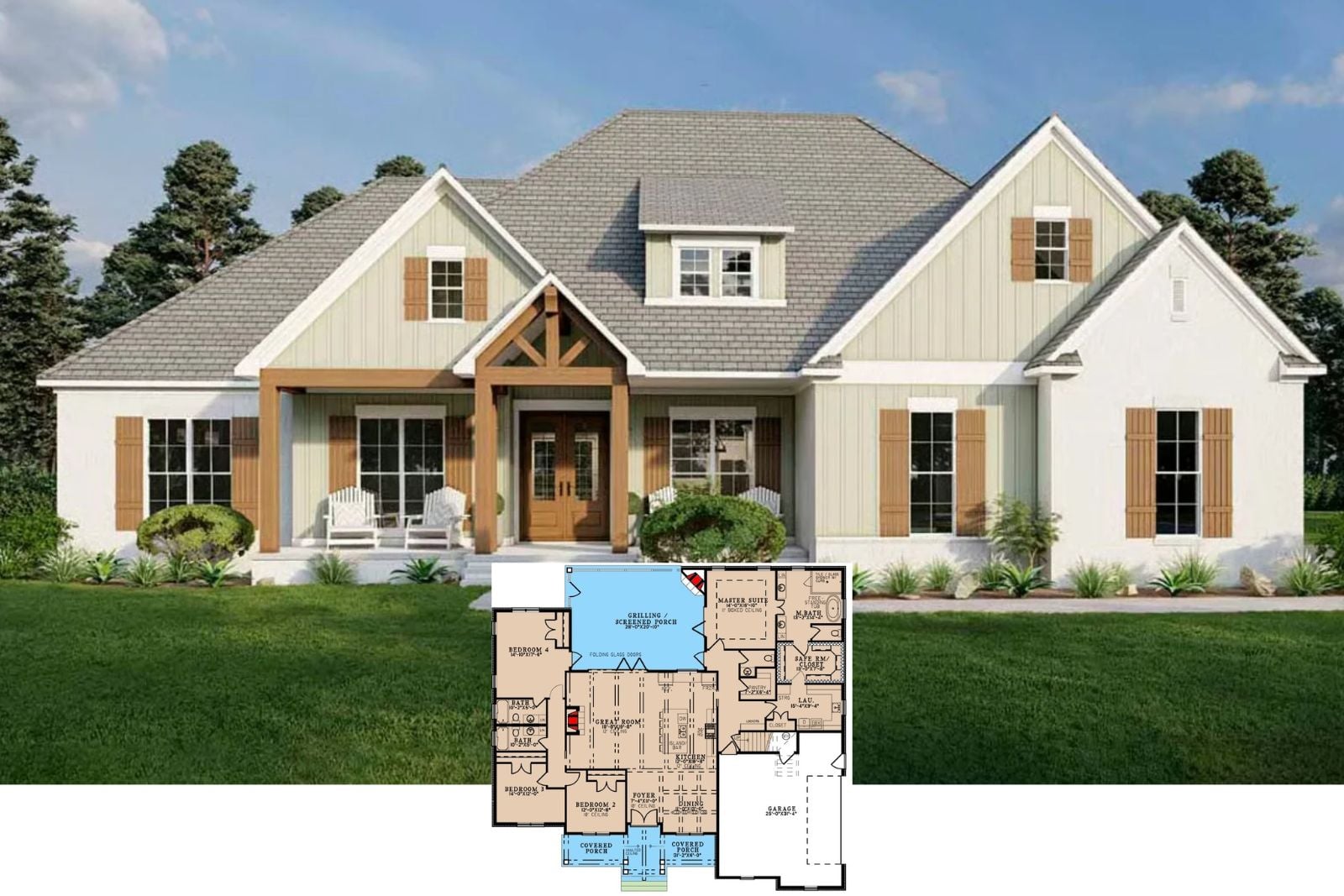 Kingtruss Cottage 4-Bedroom Country House Plan with Screened Porch (2,638 Sq. Ft. Floor Plan)