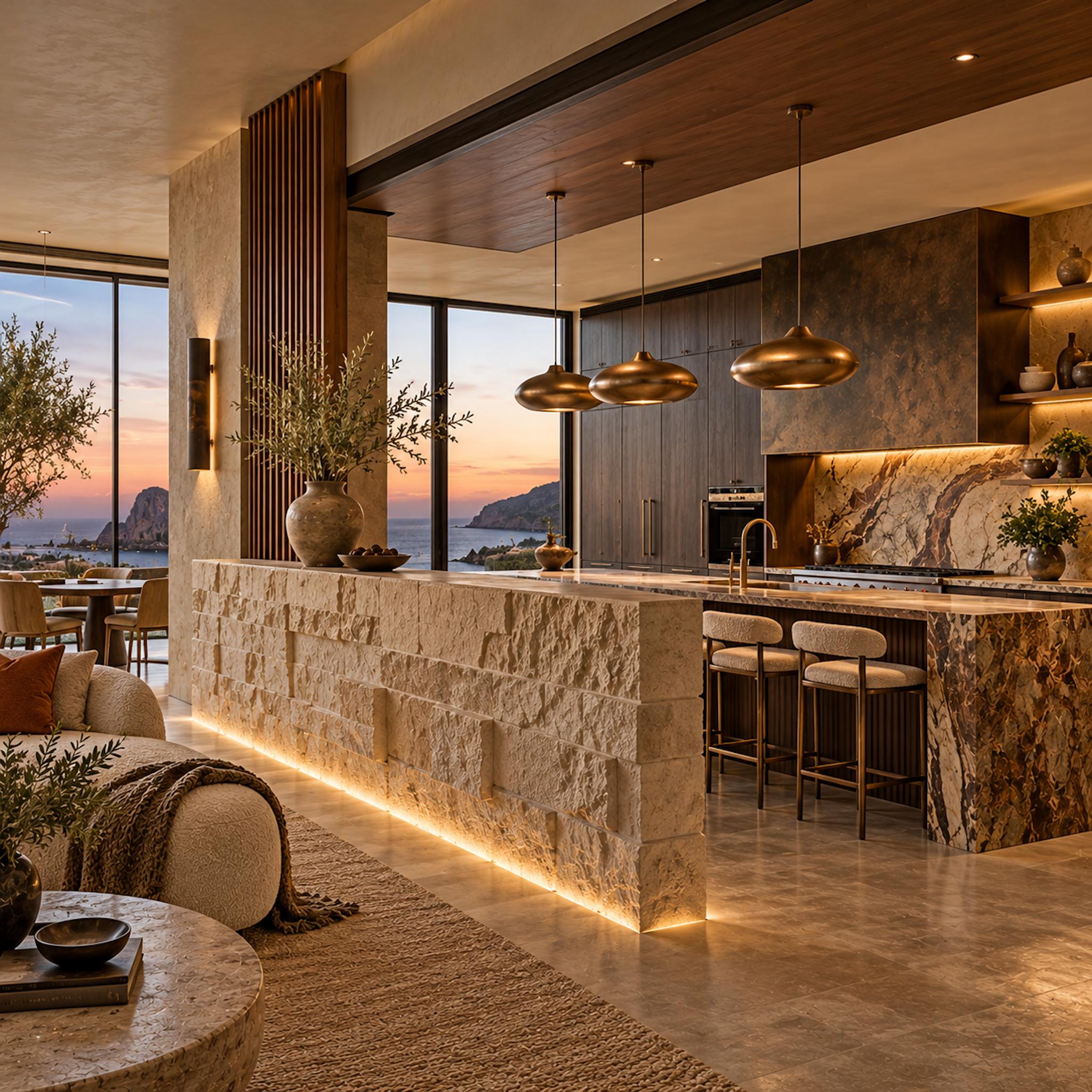 Luxurious contemporary kitchen separated from the living room by a thick, illuminated rough-stone half-wall