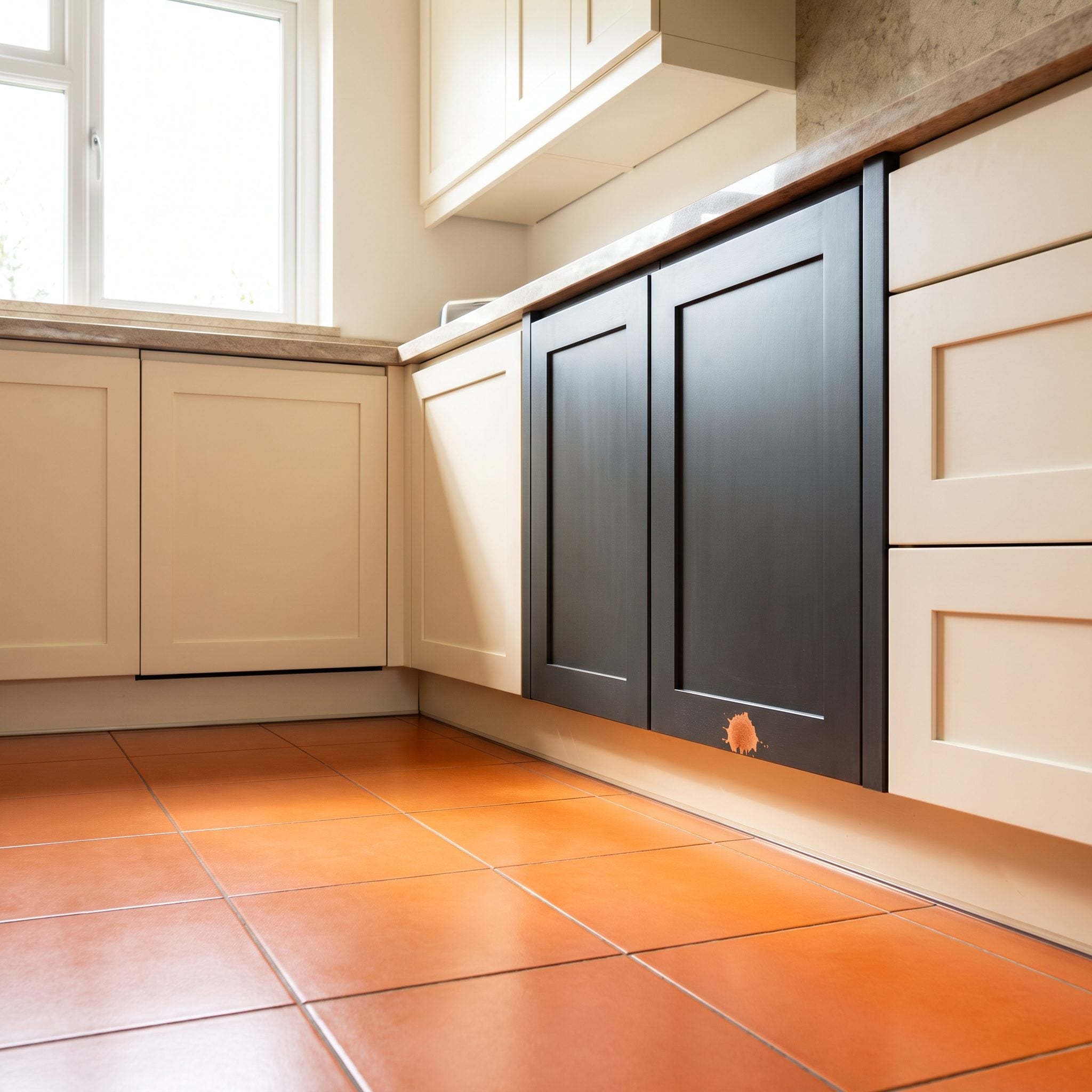 Ivory and charcoal kitchen transformed with large sand-colored limestone-look porcelain floor tiles