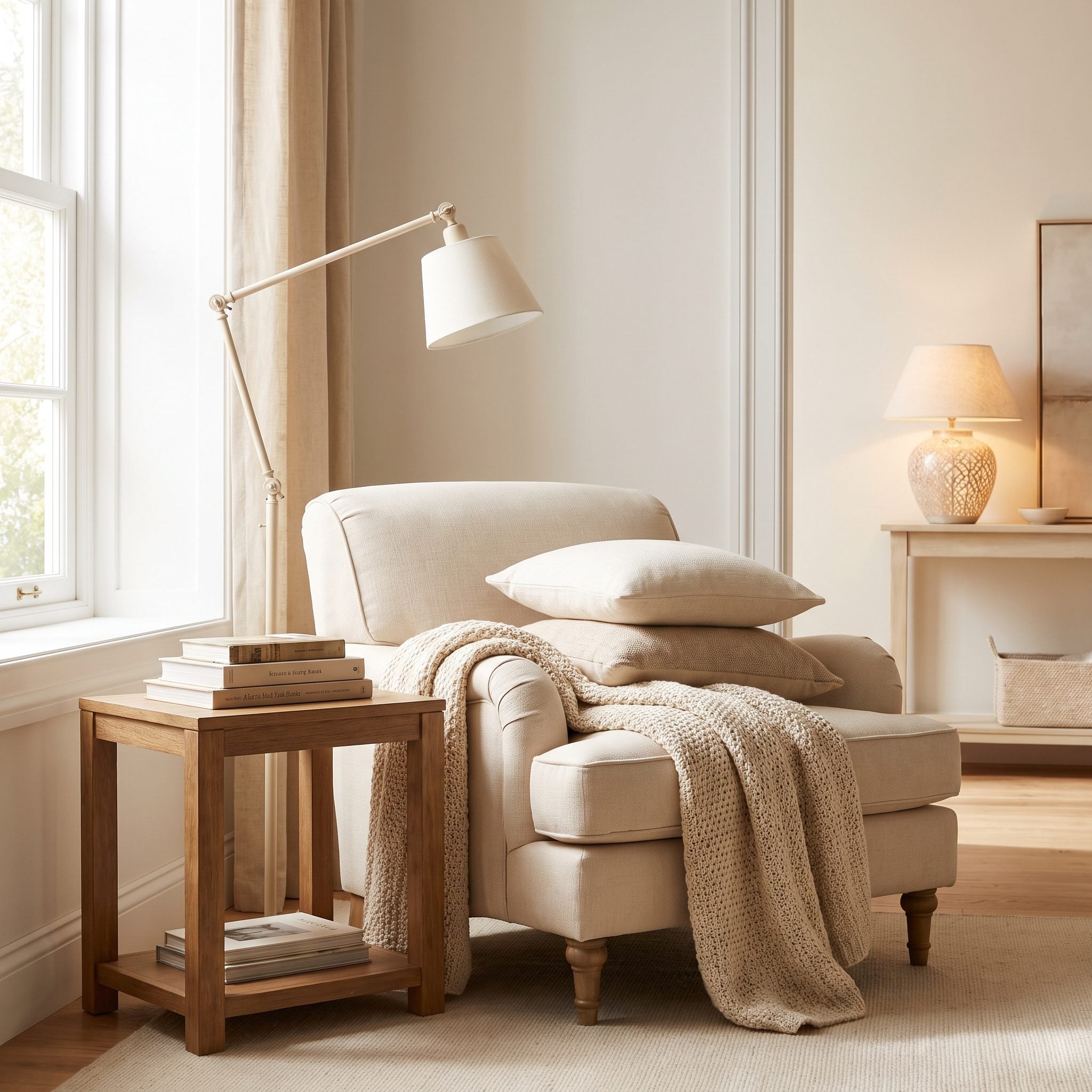 Reading chair with an adjustable brass task lamp positioned beside it