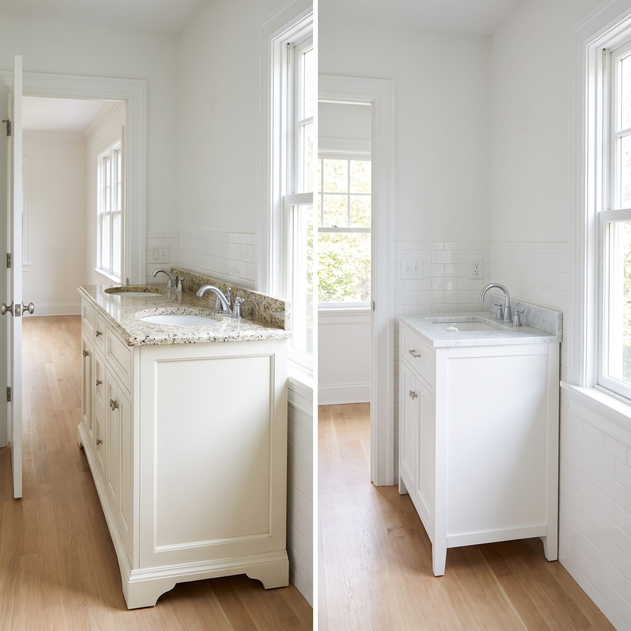 Bathroom with a compact white vanity leaving generous circulation around the fixtures