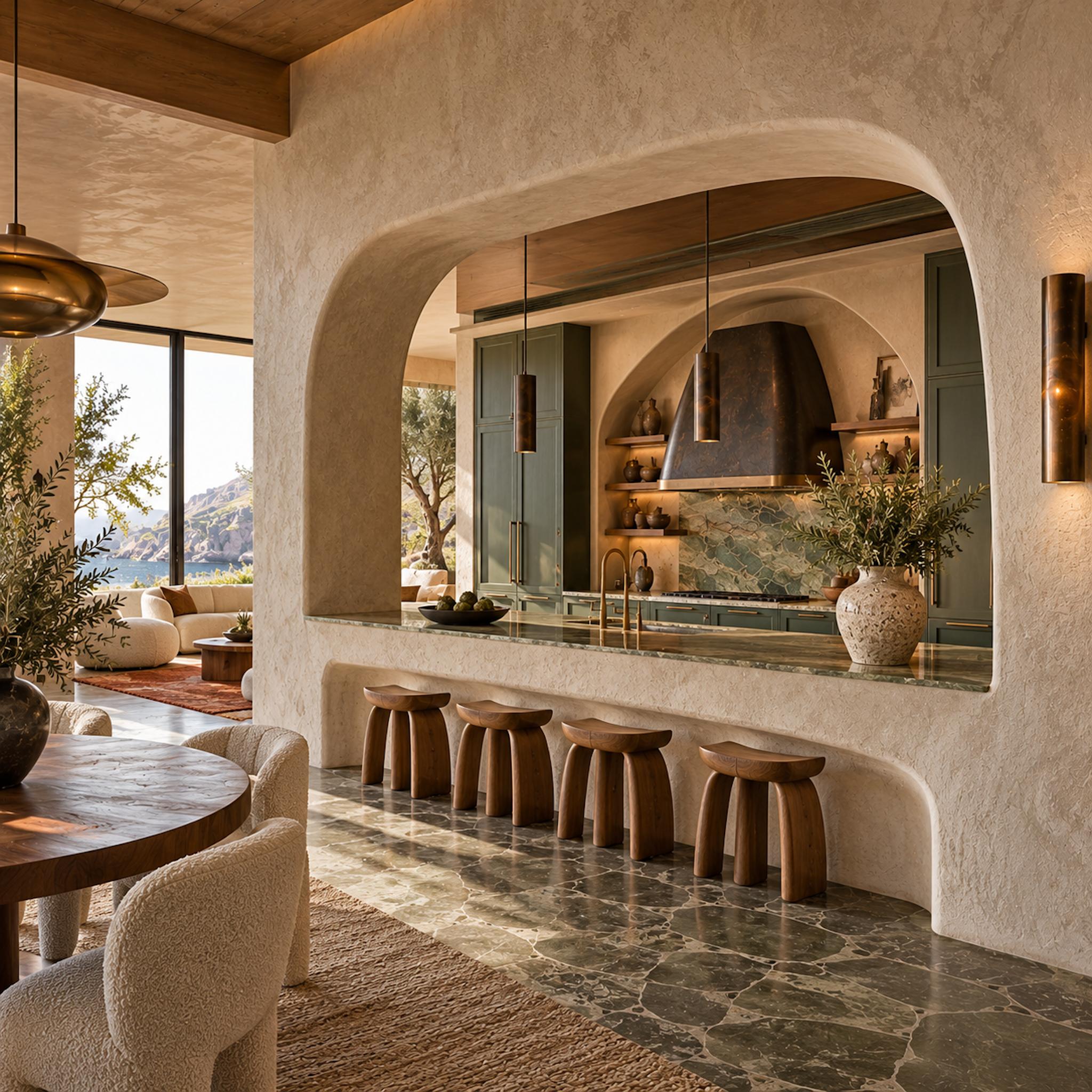 Thick textured plaster wall with a large sculptural curved opening frames a luxurious sage-green contemporary kitchen