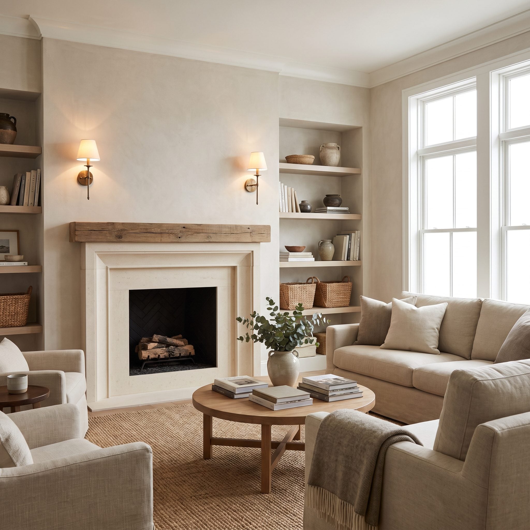 Living room fireplace flanked by wall sconces rather than additional recessed lights