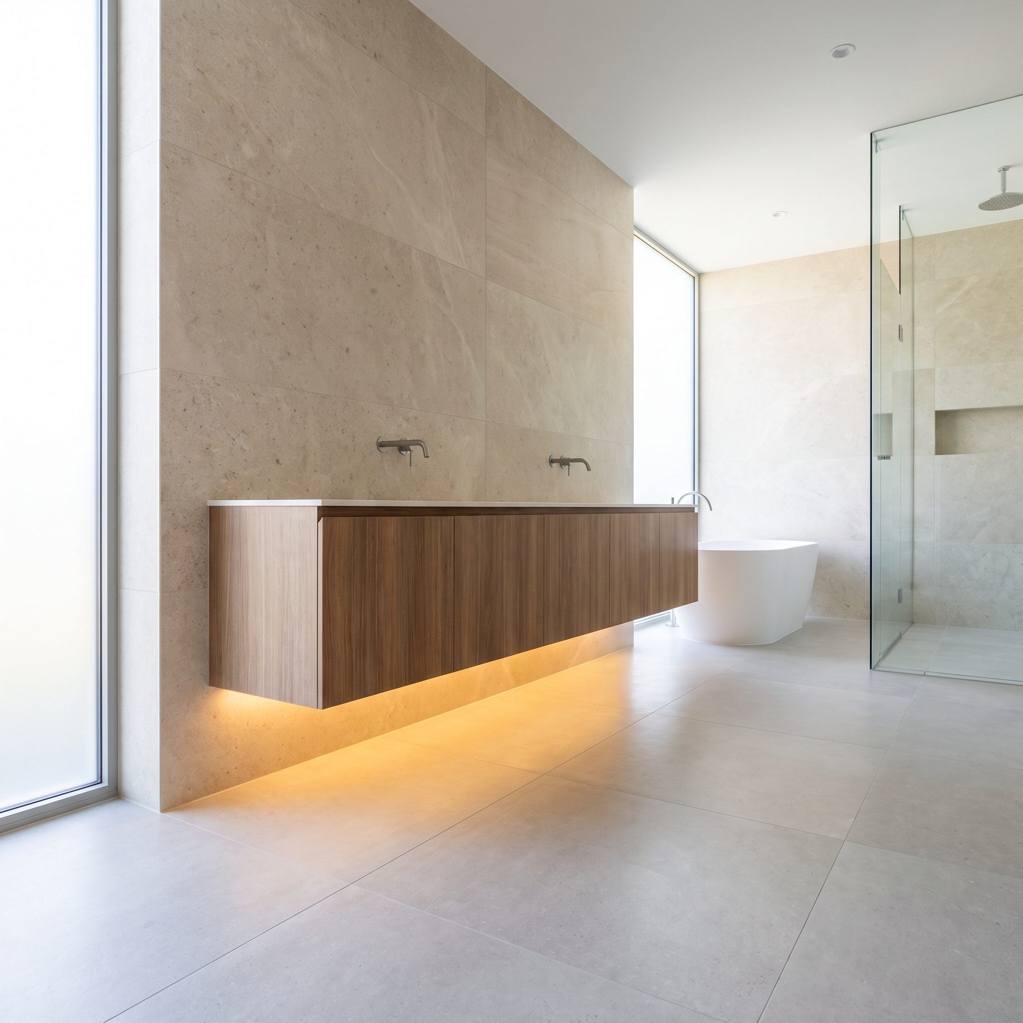 Bathroom with a floating wood vanity revealing continuous flooring beneath it