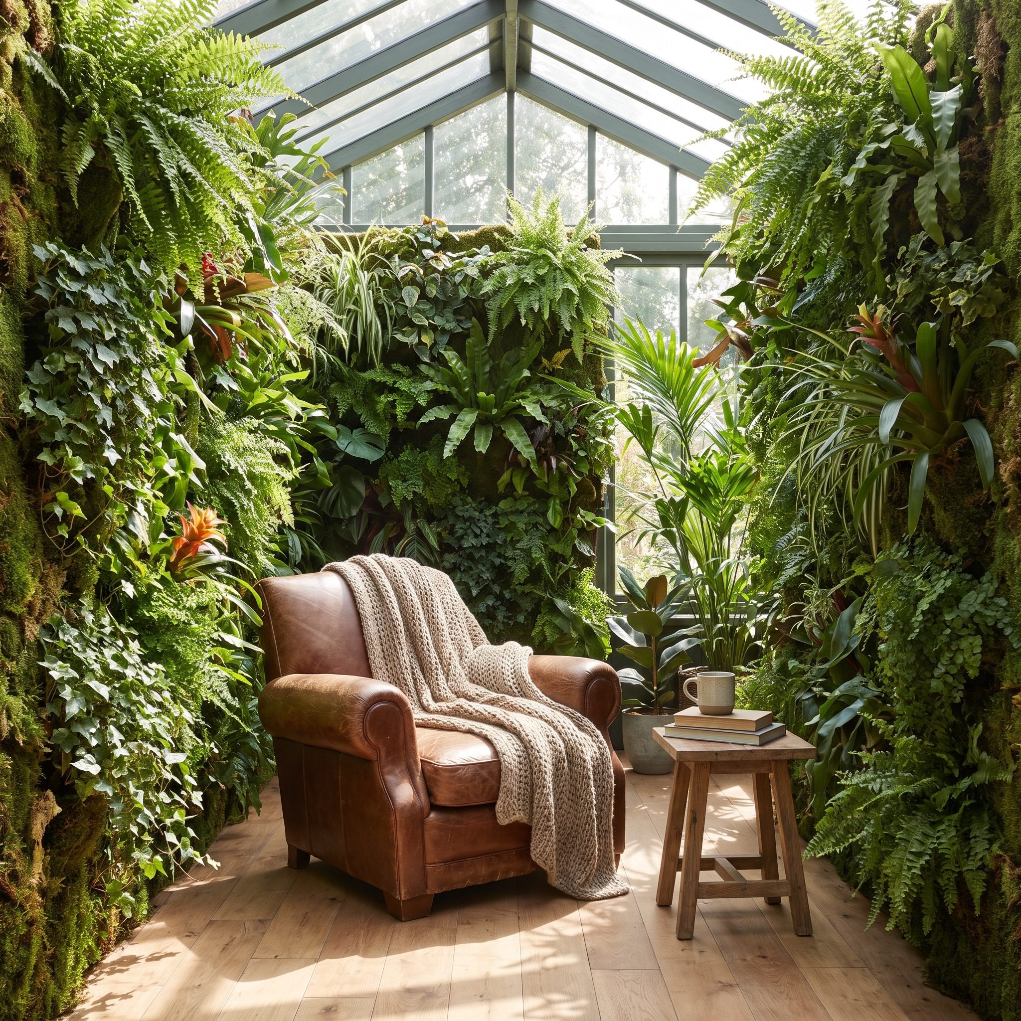 Reading alcove between two oversized planters with tall planting, a single recliner and a retractable canopy