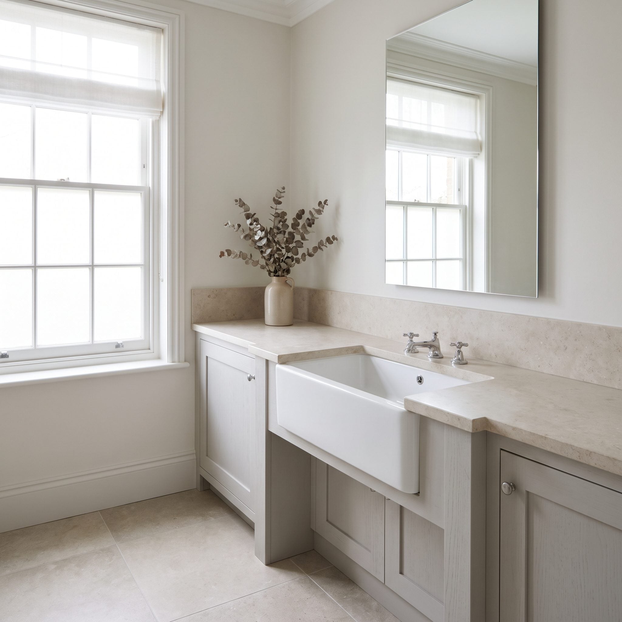 Bathroom with one generous sink replacing a conventional double vanity