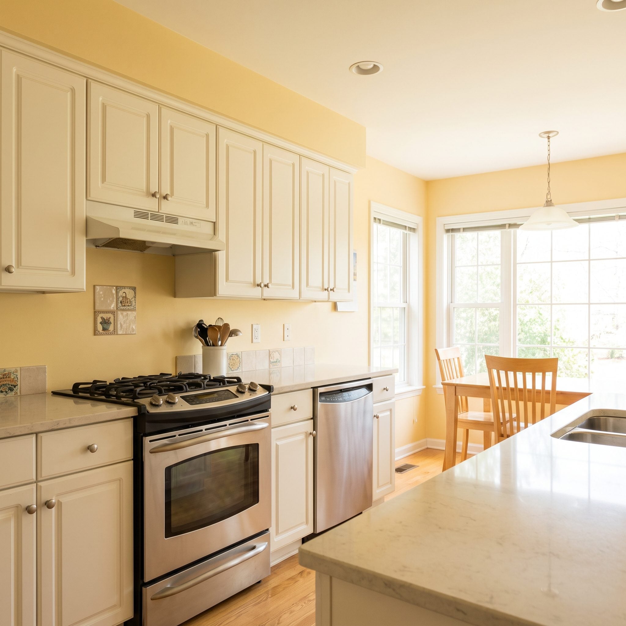 White kitchen cabinets with muted blue-gray walls, elongated white backsplash tile, and updated lighting