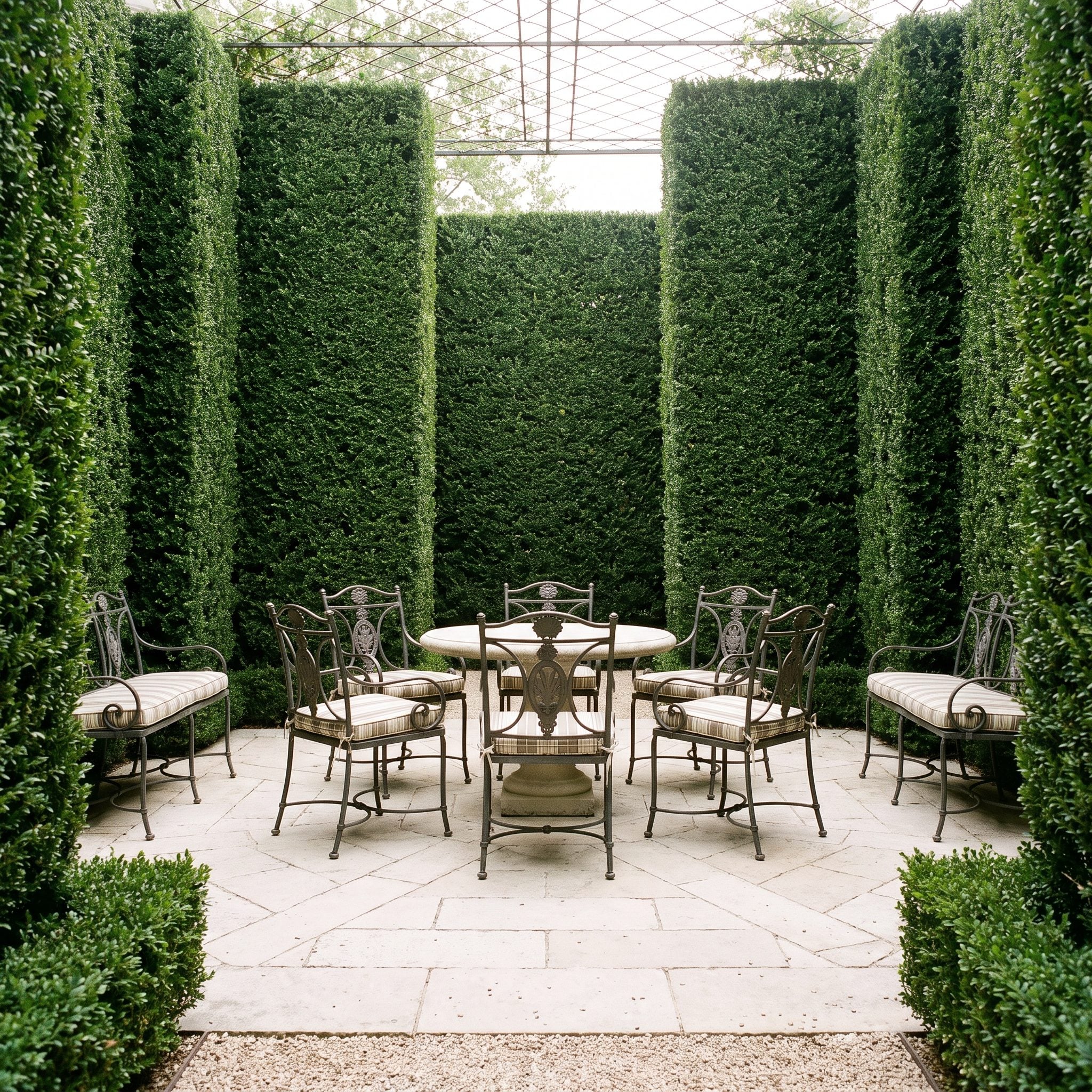Gravel garden salon enclosed by a dense clipped hedge with a centered entrance and metal-edged floor