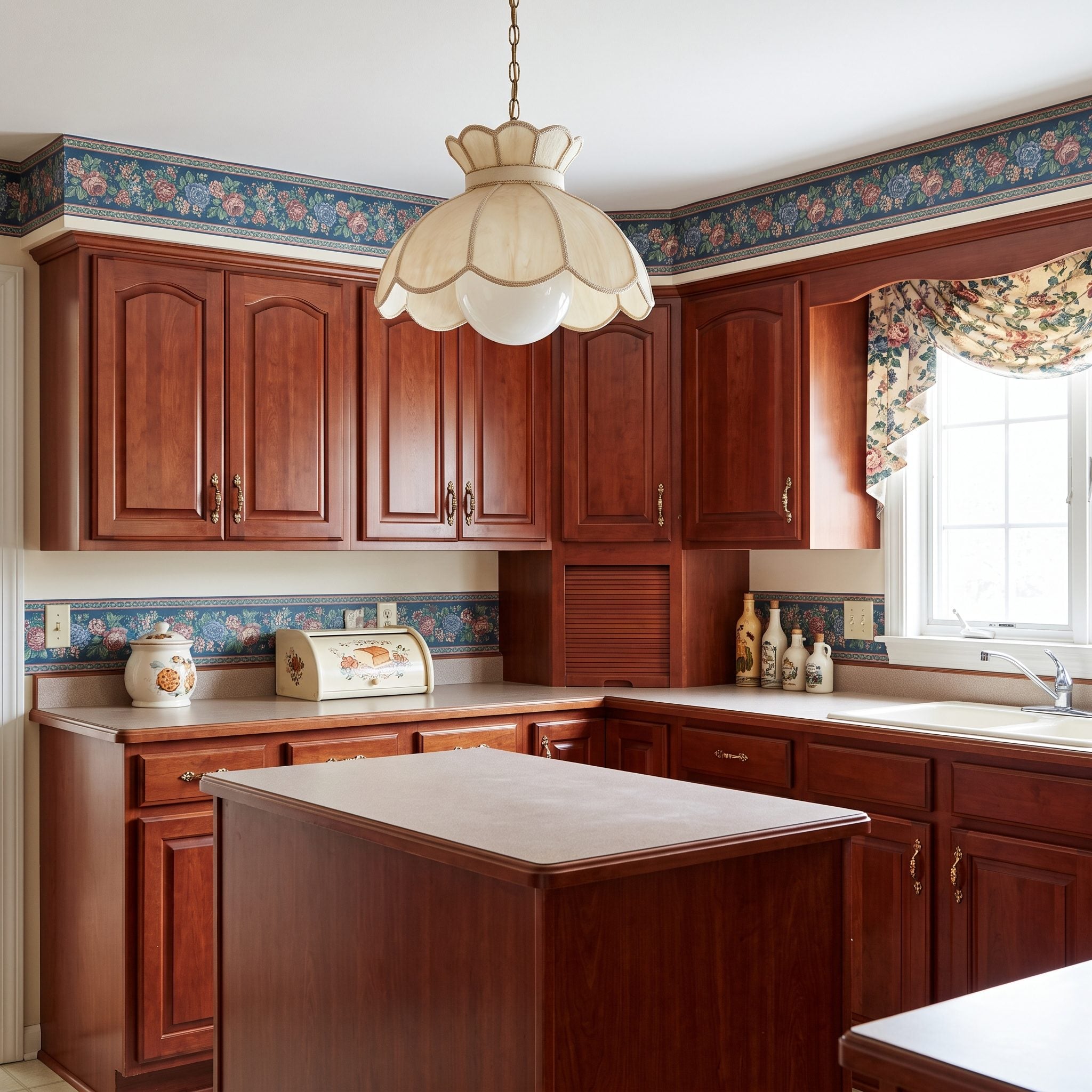 Cherry wood kitchen refreshed with warm-gray backsplash panels, brushed-nickel pulls, and simple opal pendants