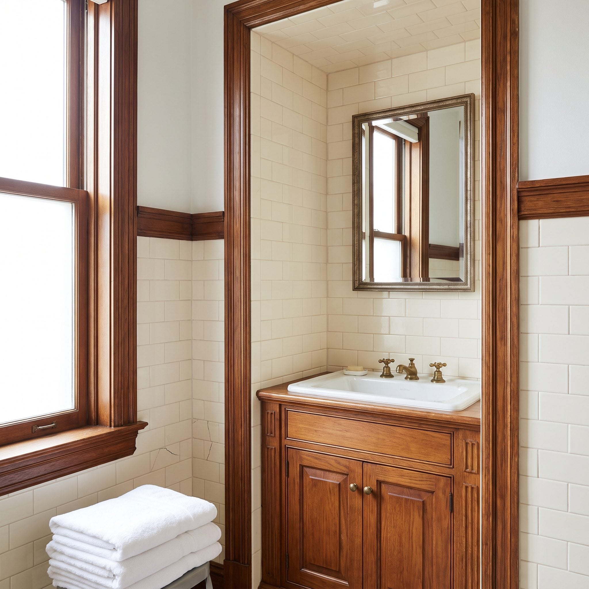 Bathroom with a fitted vanity occupying an irregular wall recess