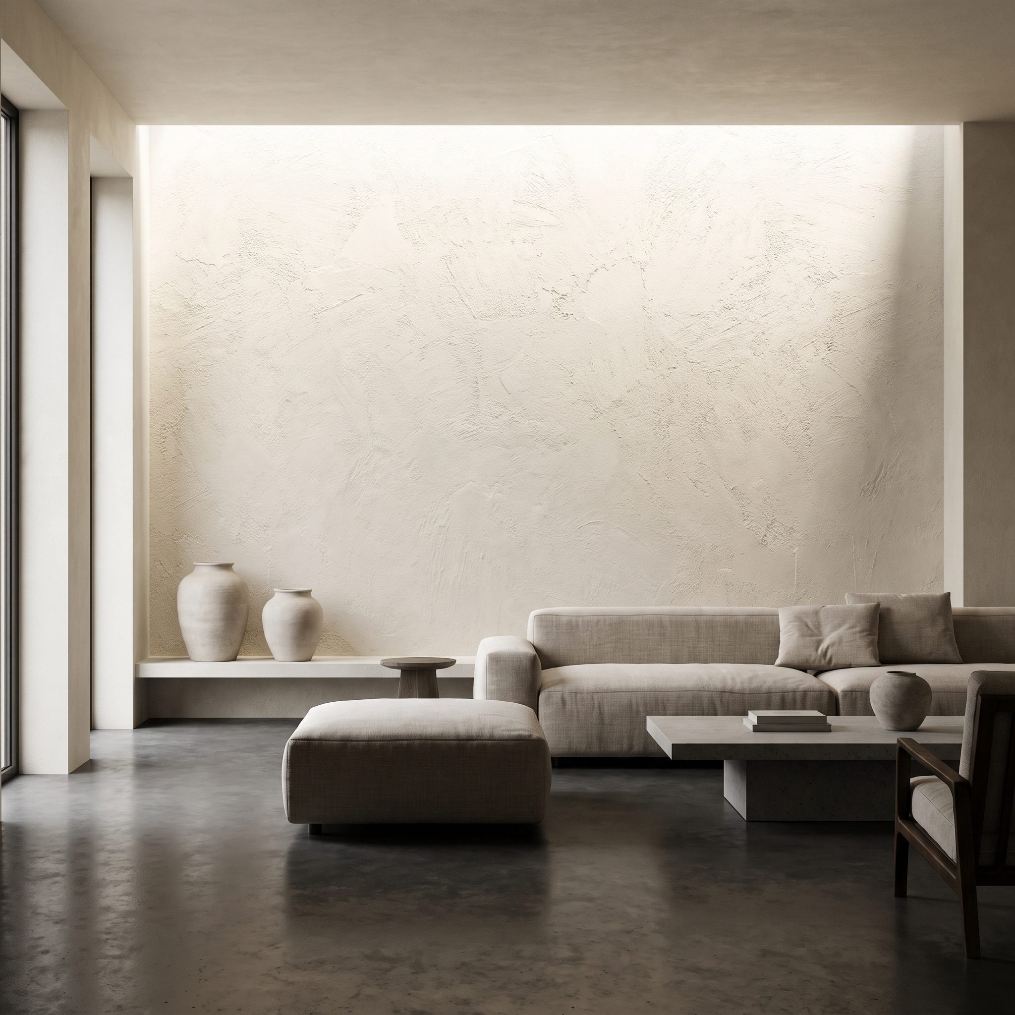 Living room with concealed wall-washing light illuminating a plaster wall and artwork
