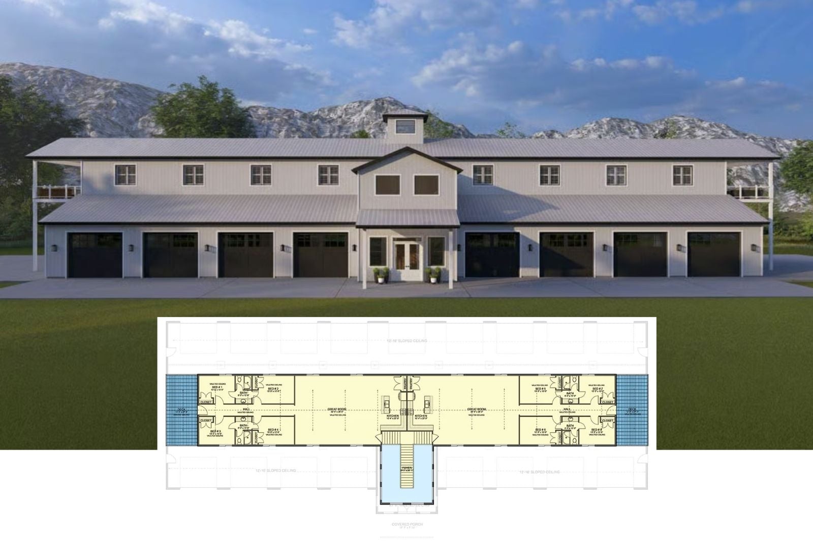 The Brigham Hall 8-Bedroom Barndominium Duplex House Plan with 8-Car Garage (4,710 Sq. Ft. Floor Plan)