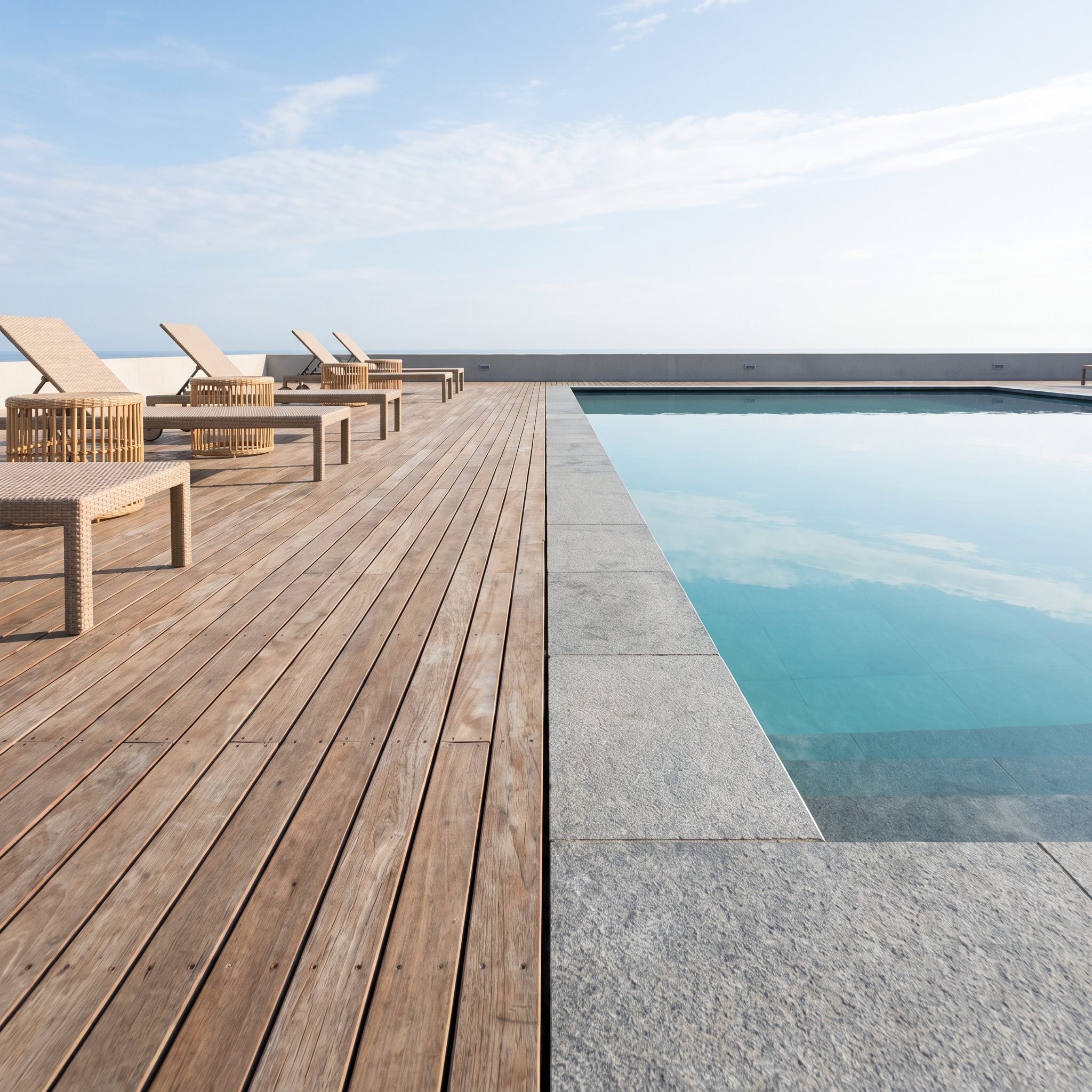 Warm timber lounging deck beside a pool, separated from the surrounding stone paving by a crisp seam and backed by a raised planter