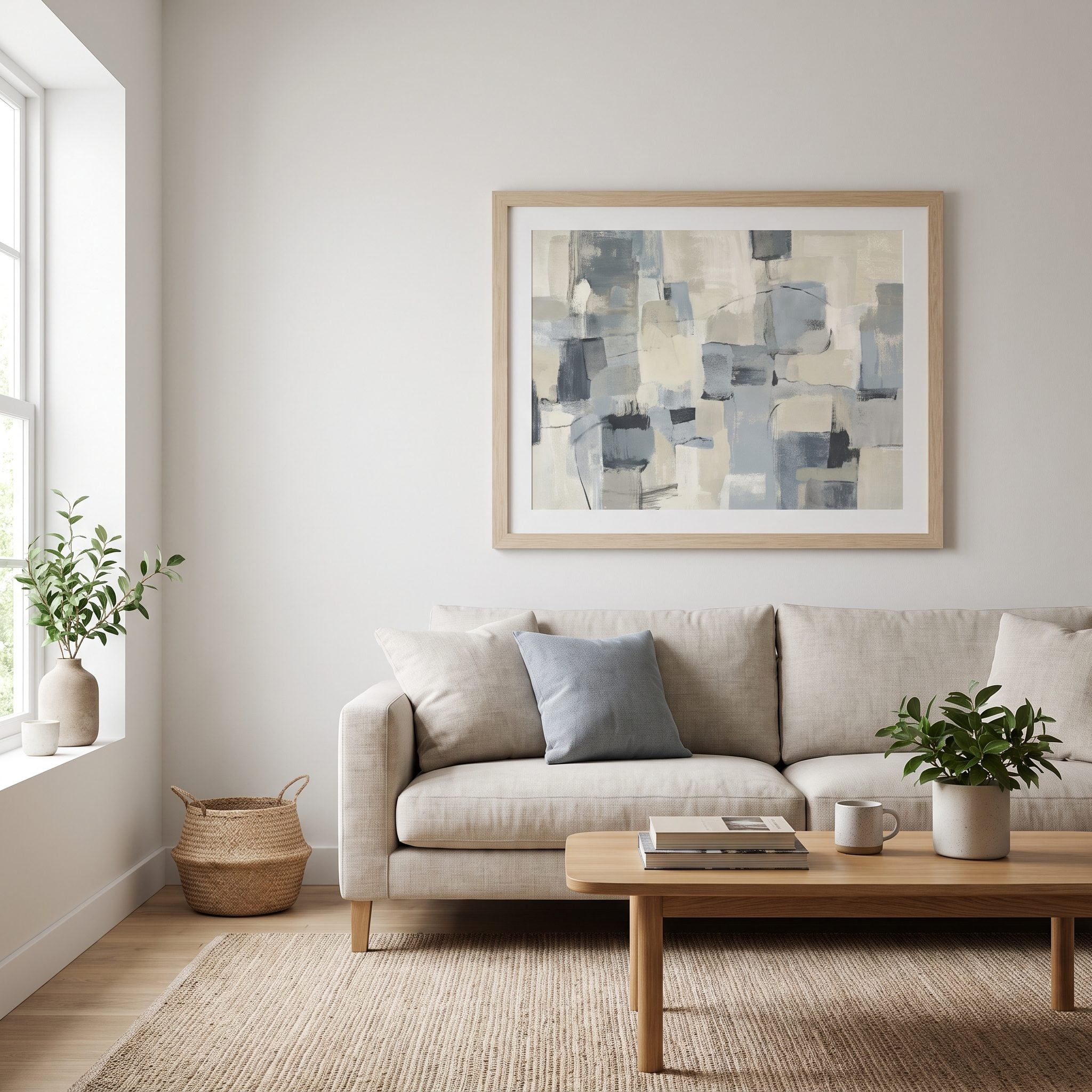 Living room using focused accent lighting to illuminate a terracotta artwork
