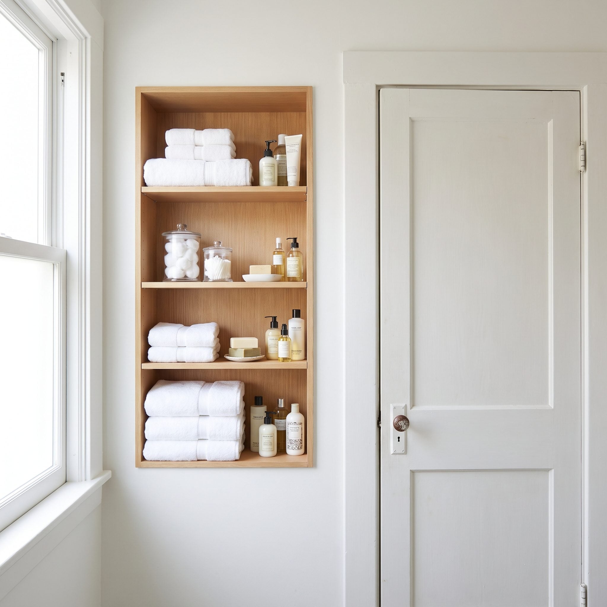 Bathroom with shallow built-in linen storage positioned close to the wall
