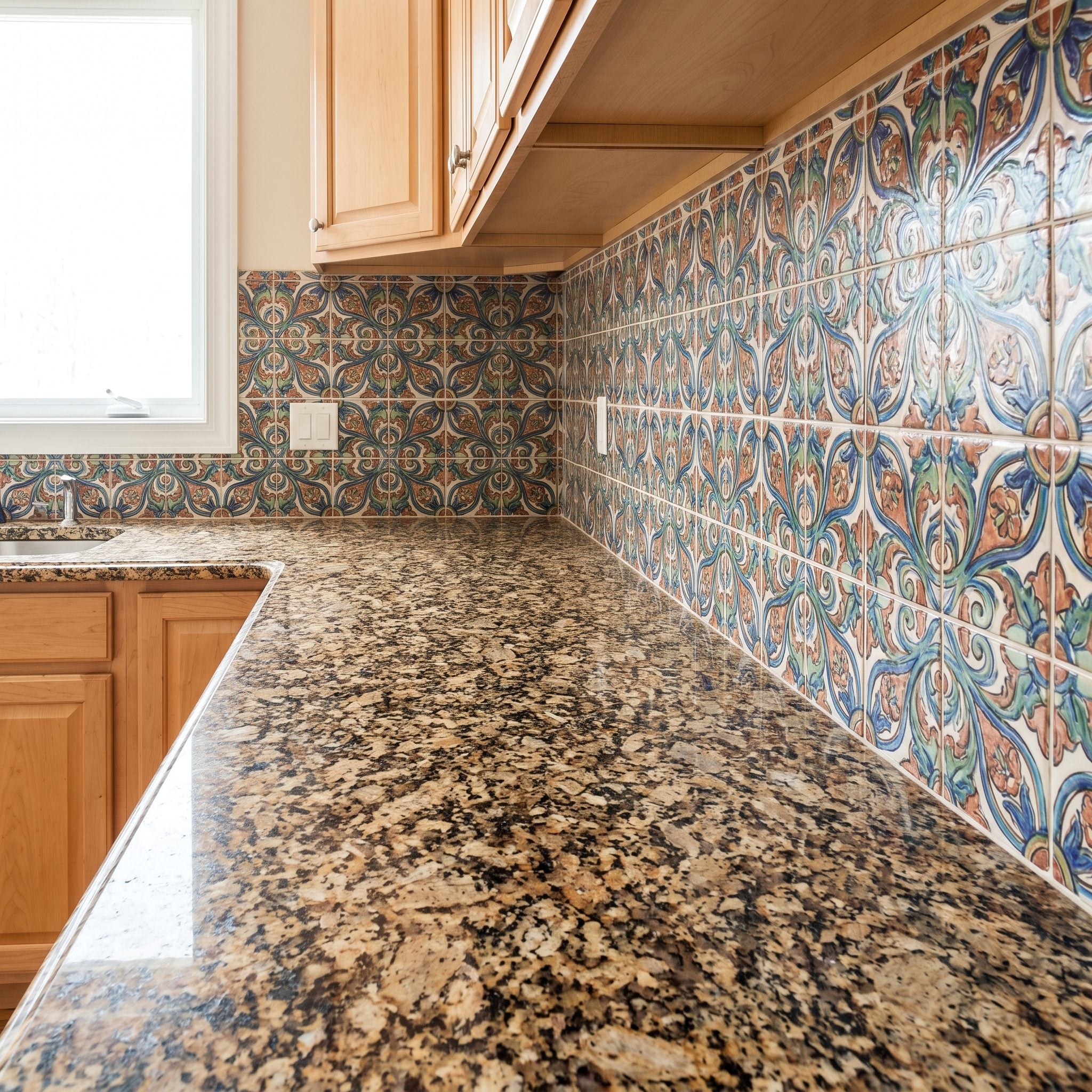 Kitchen renovation replacing a patterned backsplash with smooth porcelain to complement expressive granite countertops